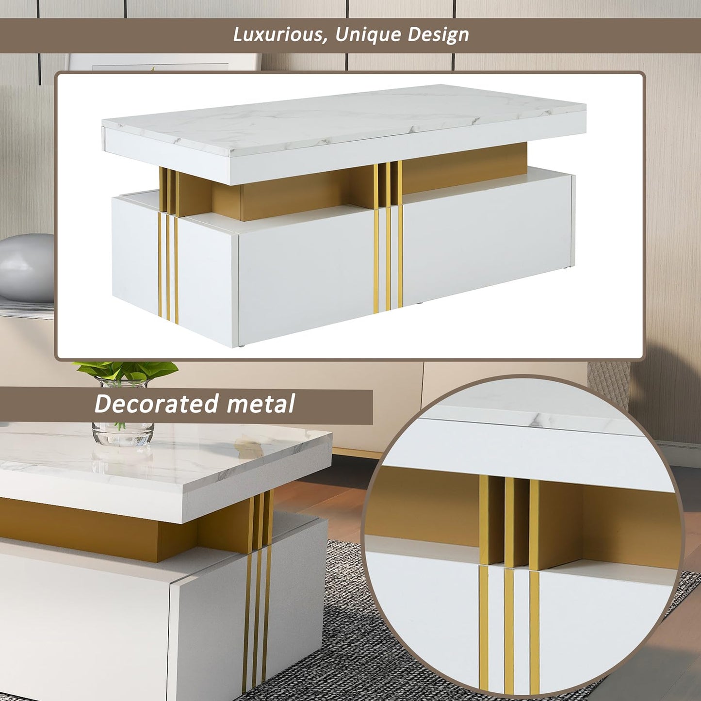 Peiaw Table Basse,Table Basse Salon,Table Basse en marbre Blanc,Table Basse rectangulaire Moderne,Table Basse avec 2 tiroirs en Bois,Bordure dorée métallisée sur Le côté,Table Basse 100 x 50 x 40cm