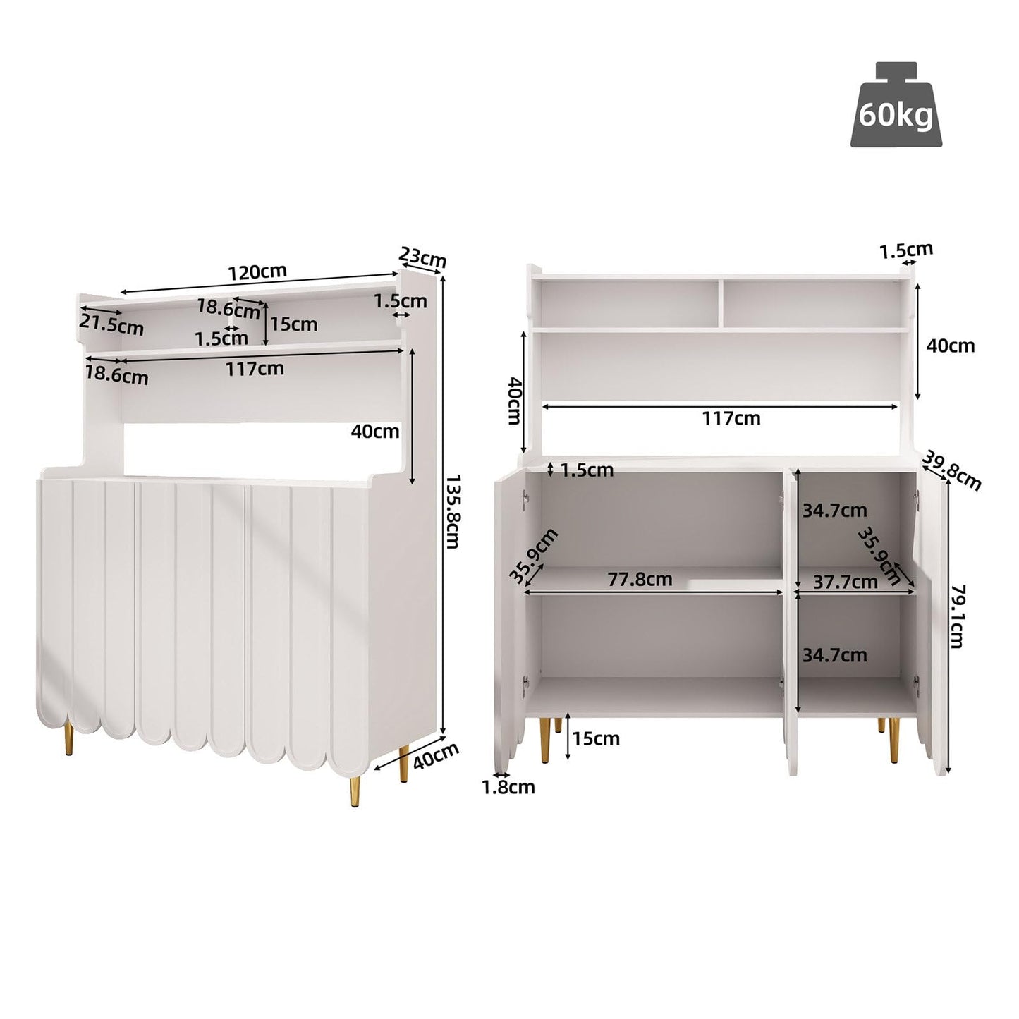 Buffet de Cuisine, Armoire de Cuisine 2 Placards Portes, Vaisselier Cuisine Anti-basculement, Meuble Cuisine Rangement Conception Ouverte, Grande Capacité, Style Simple, 120 x 40 x 151cm