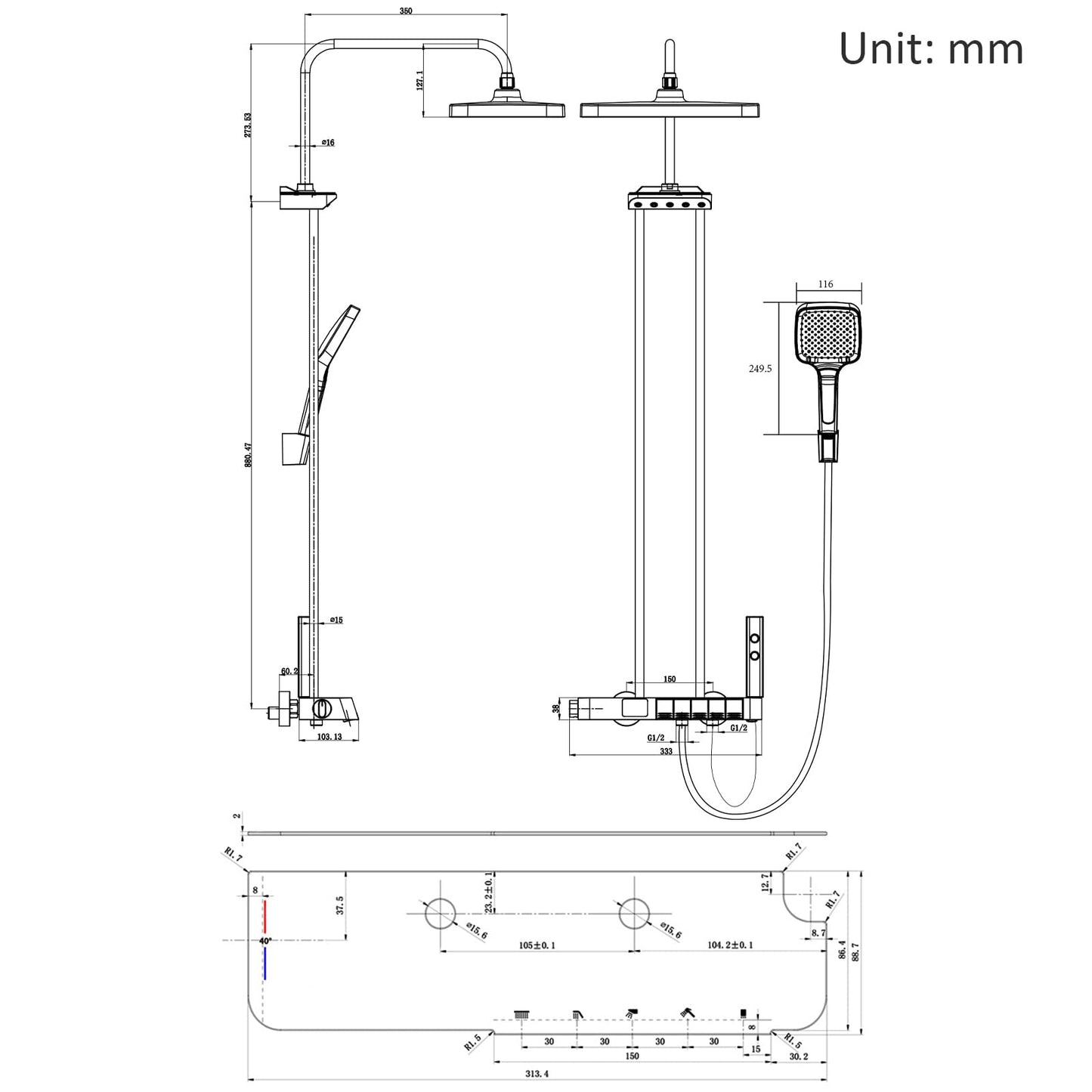OihPaw Système de Douche Thermostatique,Colonne de Douche avec Affichage de la Température,Pulvérisateur d'épaule,Douche Bidet,Robinet de Douche de Baignoire,Pommeau de Douche,Douche à main