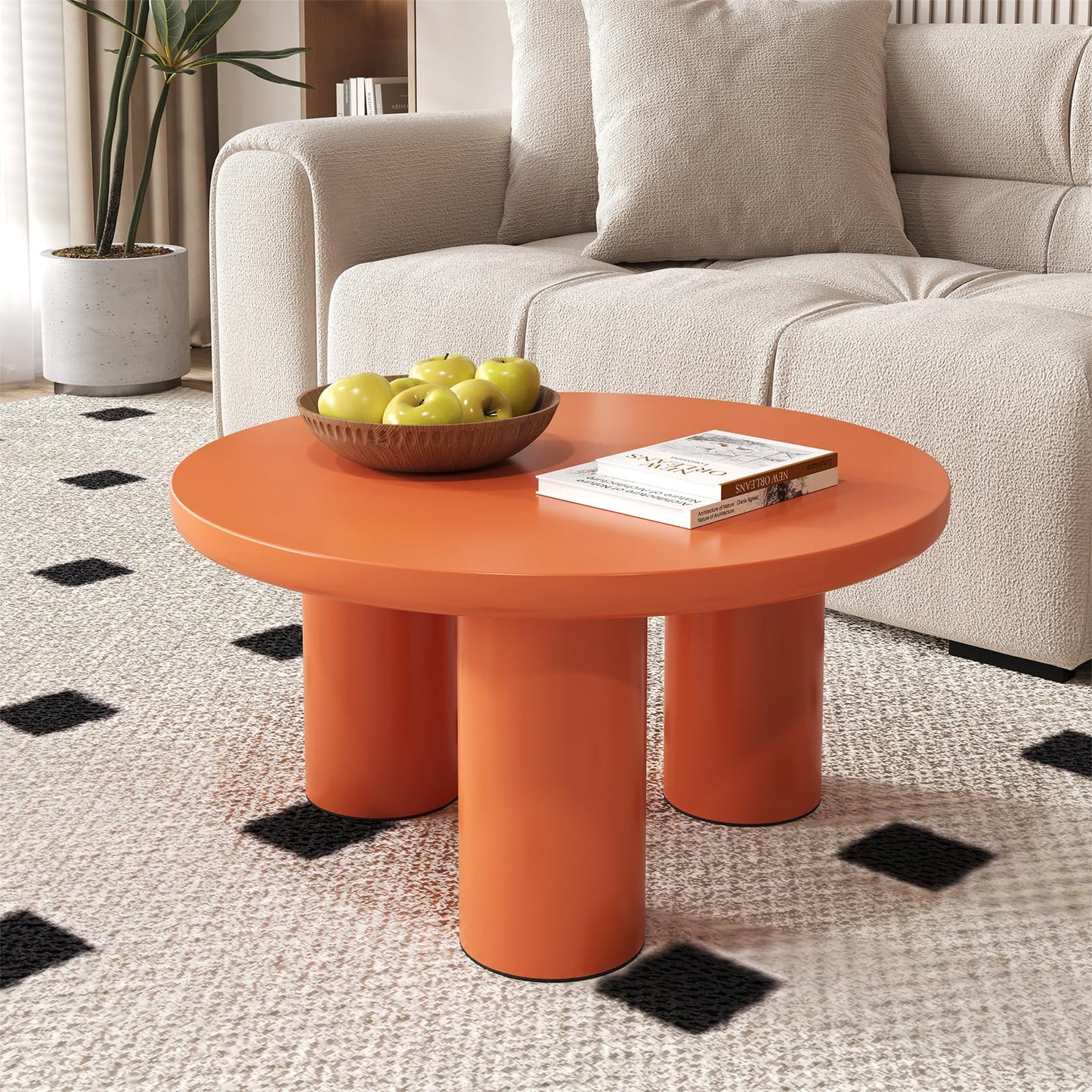Peiaw Table Basse,Table de Salon,Table Basse Minimaliste Moderne,Table Basse Ronde,Table Basse de Salon Orange,Colonne de Support cylindrique,Table Basse diamètre 72,2 cm, Hauteur 35,35 cm