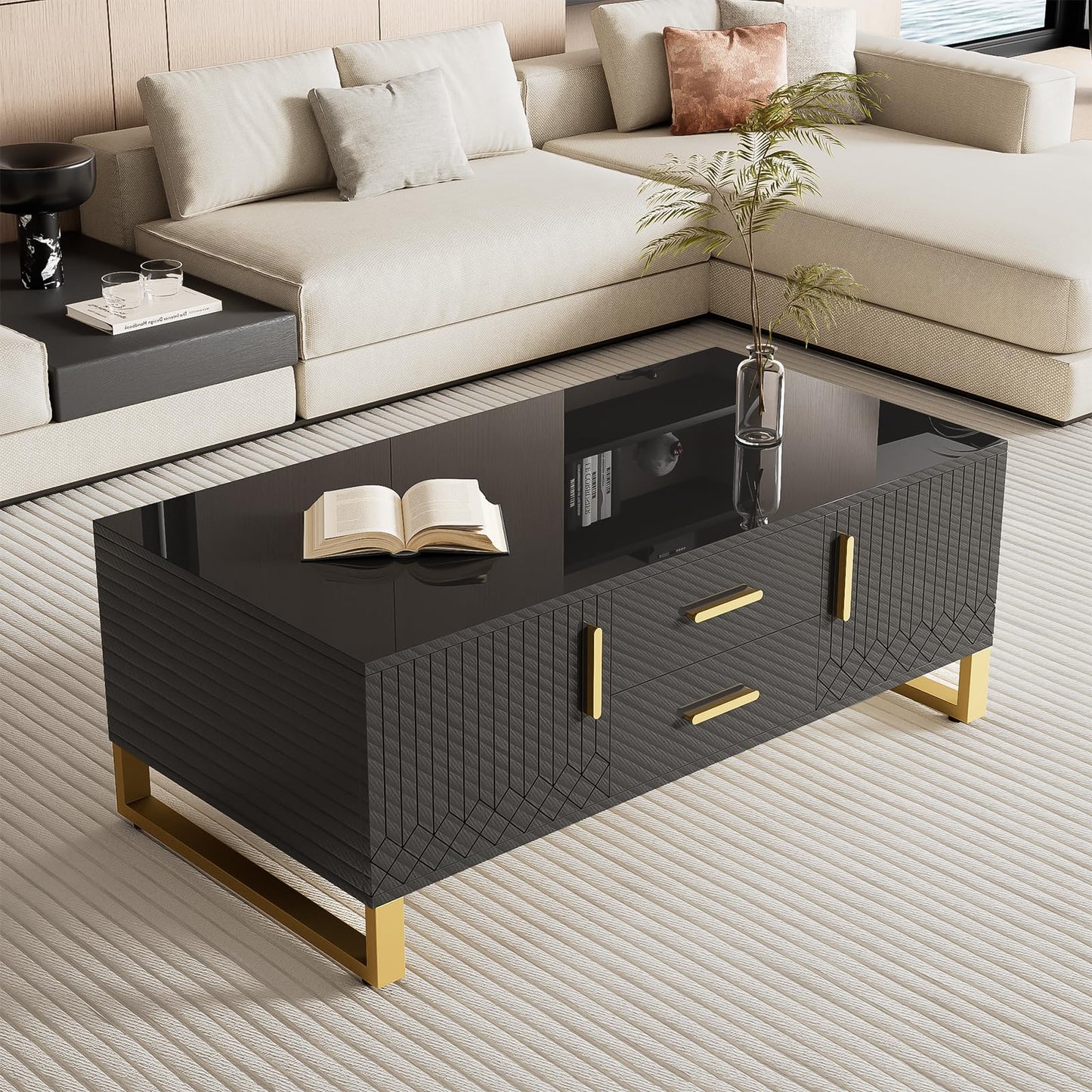 Table basse,Table basse salon,Table basse brillante,Table basse carrée avec tiroirs,équipée de deux portes,Poignées et pieds dorés,avec compartiment de rangement ouvert,Table basse 107x40,5x55 cm