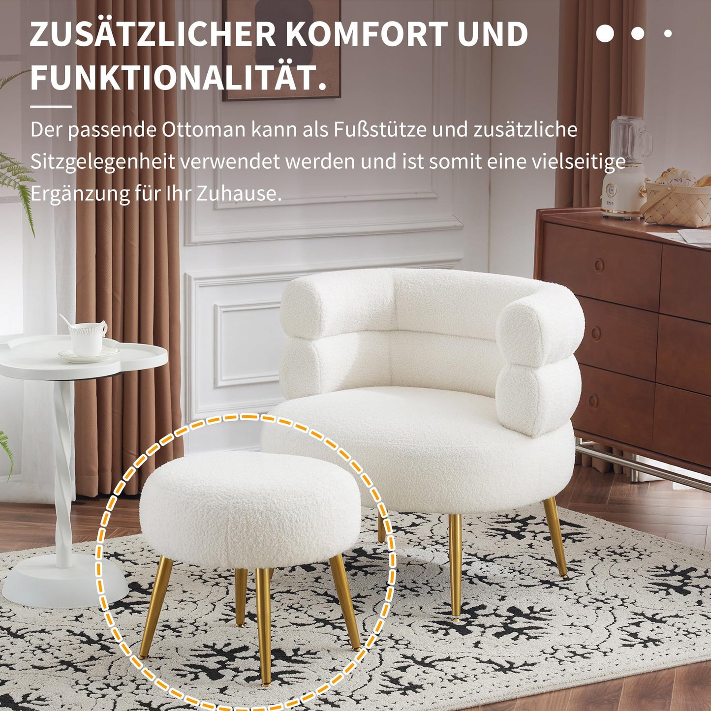 SHUGUANG Blanc Fauteuil Teddy, Lazy Chaise avec Repose Pied, Fauteuil Salon Avoir 69 cm Assise, 17 cm Coussin D'Épaisseur, Charge 100 kg, Fauteuil Chambre en Vigueur Chambre à Coucher, Salon, Dortoir