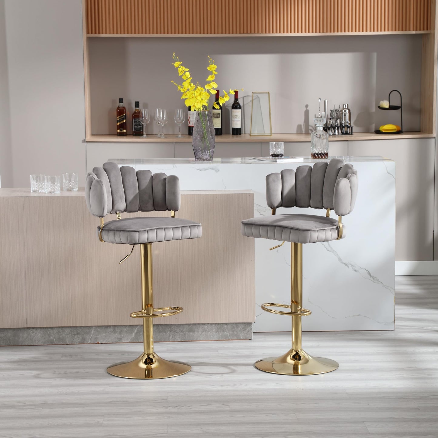 Tabouret Bar Lot de 2 Pivotants Velours Chaise de Bar à Hauteur Comptoir avec Dossier, Repose-pieds, Chaise Haute Bar Comptoir Réglables, Chaises D'îlot pour Salle à Manger, Noir/Gris/Ivoire/Émeraude