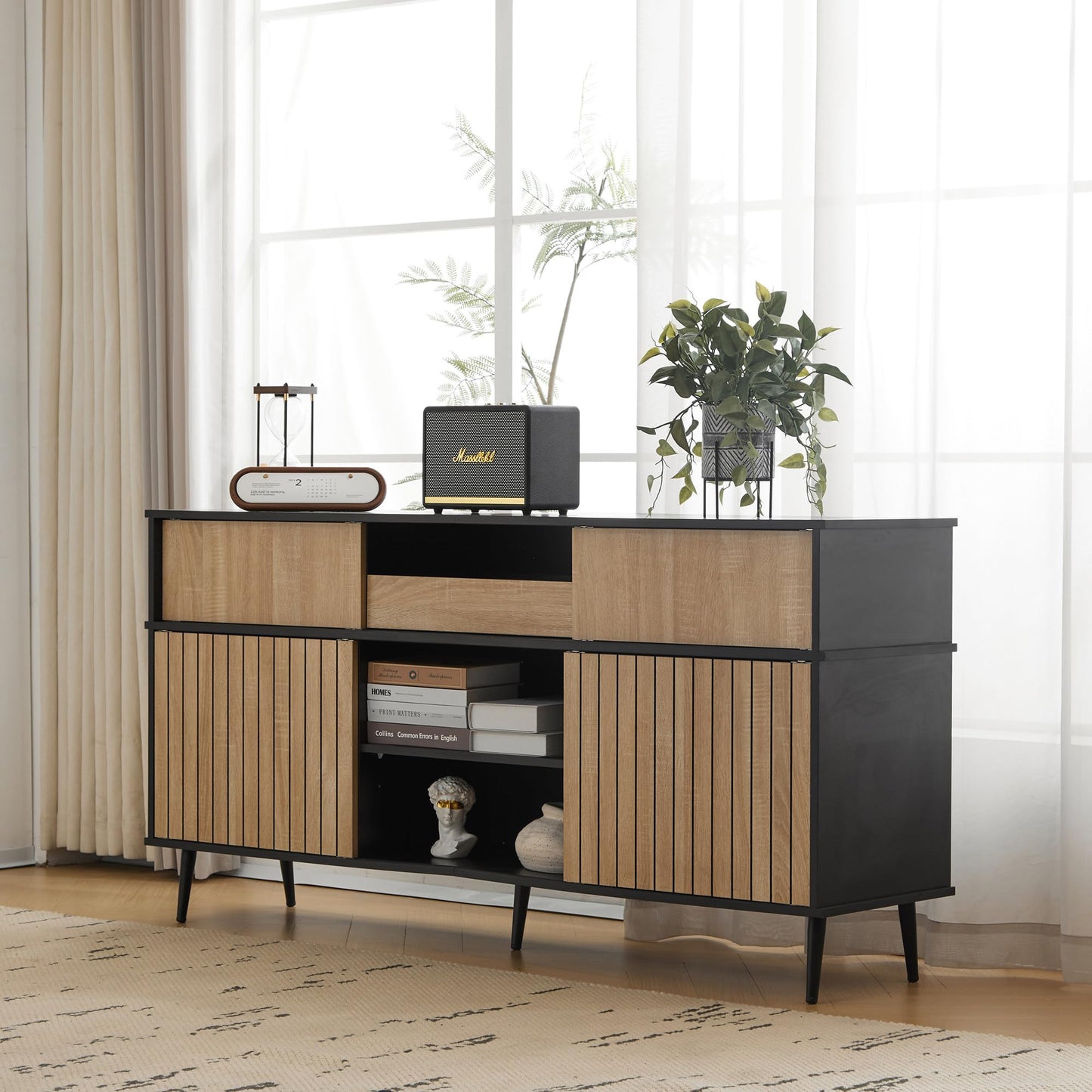 SHUGUANG Buffet élégant moderne avec 4 portes coulissantes et 1 tiroir, chêne combiné avec noir, armoire de buffet pour salon, cuisine, chambre à coucher, entrée, 160 x 40 x 80 cm