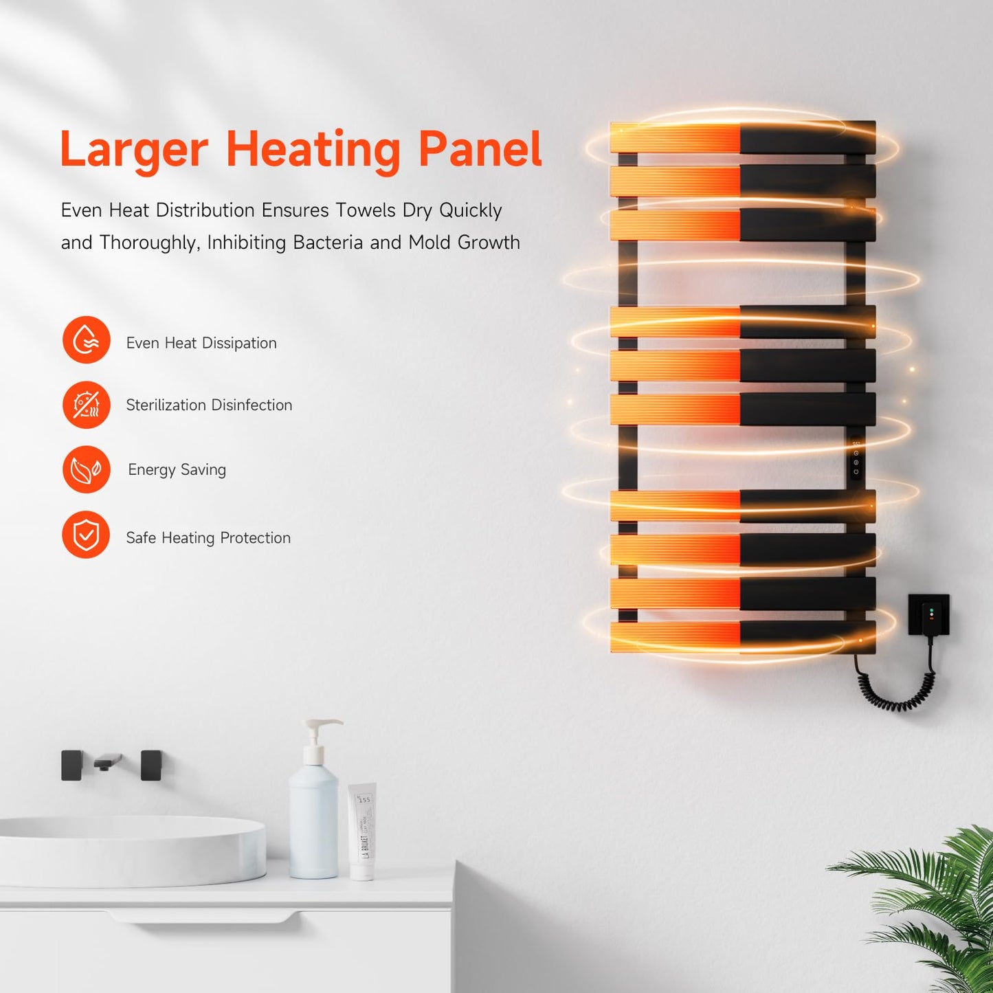 OihPaw Sèche Serviettes Électrique,1100x550mm Porte-Serviettes électrique Noir Droite WiFi Compatible avec App Alexa Google Assistant,446W seche Serviette Electrique,1-9H Minuterie Thermostat