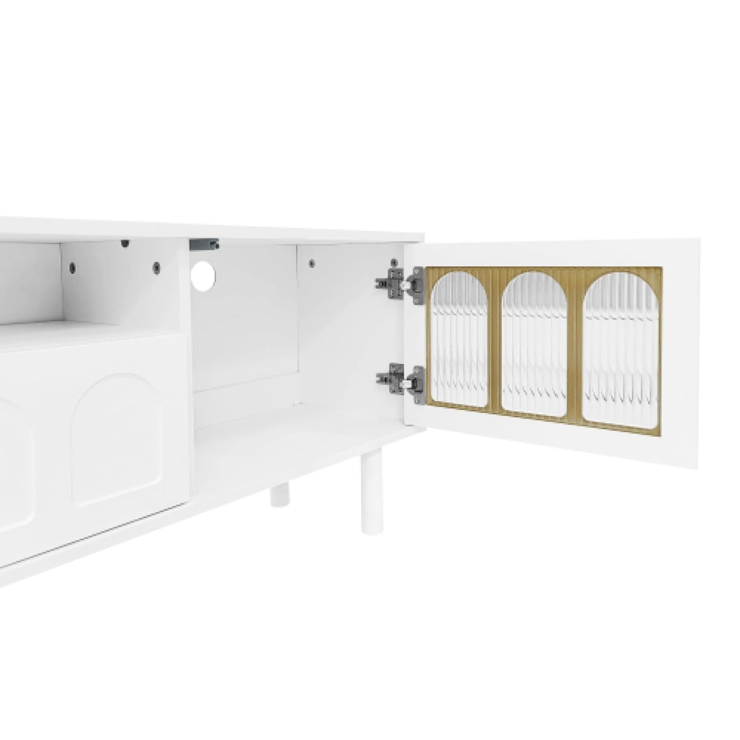 Meuble TV, Table TV à Porte vitrée cintrée, Meuble TV de Salon avec Porte Push-Open, Banc TV, Meuble TV à Structure symétrique, Meuble TV de Salon avec cloison Ouverte, Meuble TV 180cmx30cmx48cm