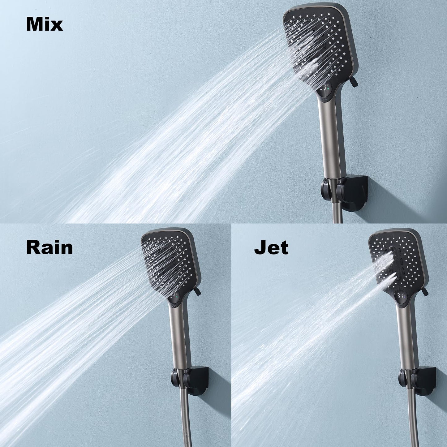 Pommeau de Douche avec 3 Modes, Haute Pression Douchette à Main Anti Calcaire Pommeau Douche Economie Deau Pommeau de Douche avec 1.5M Tuyau de Douche, Support de Douche (Gris Pistolet)