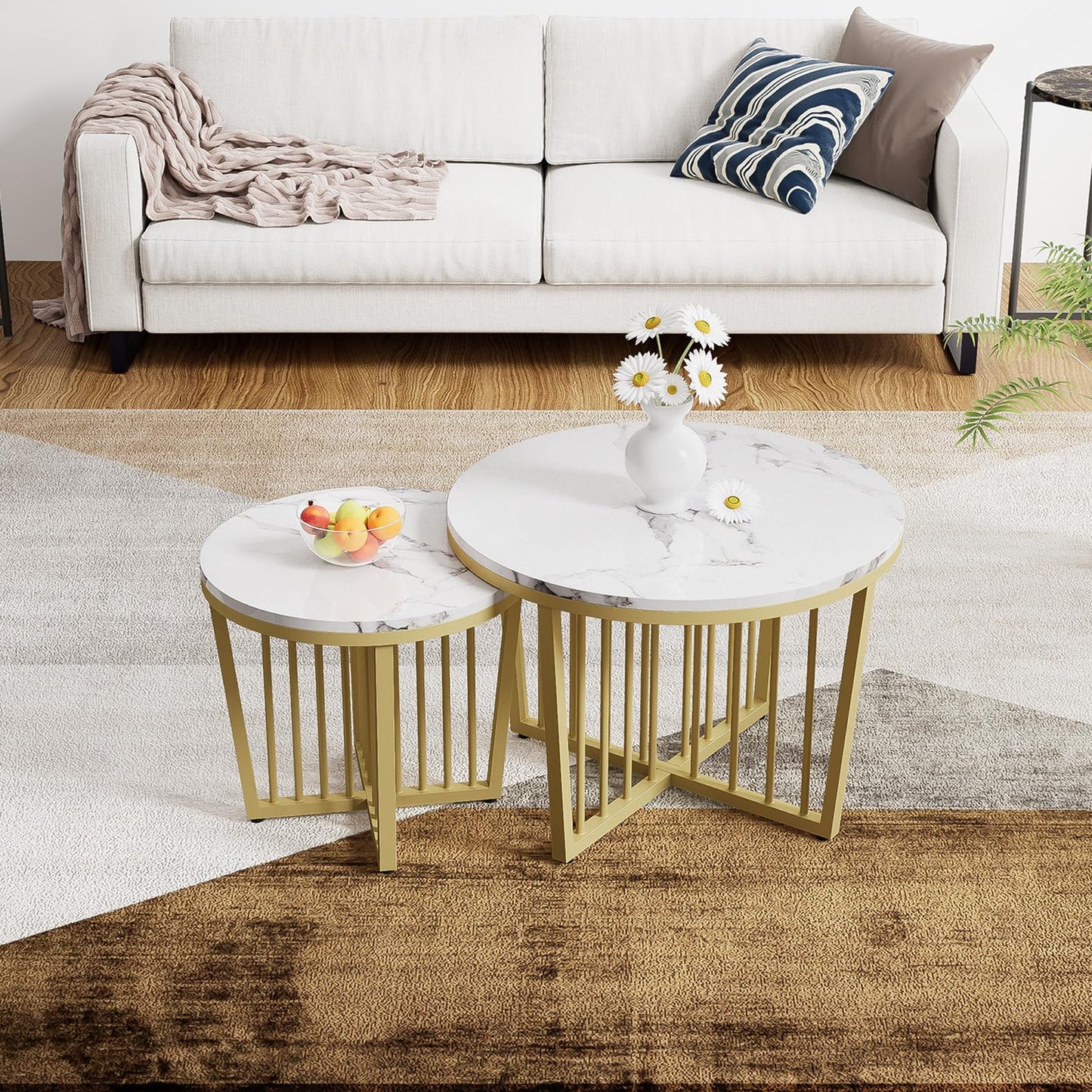Peiaw Table Basse,Table de Salon,Table Basse Ronde,Lot de 2 Tables Basses,Table de Salon Moderne,Aspect marbre Blanc Brillant et Cadre en Acier doré,Table de Salon 70x70x50cm et 50x50x45cm