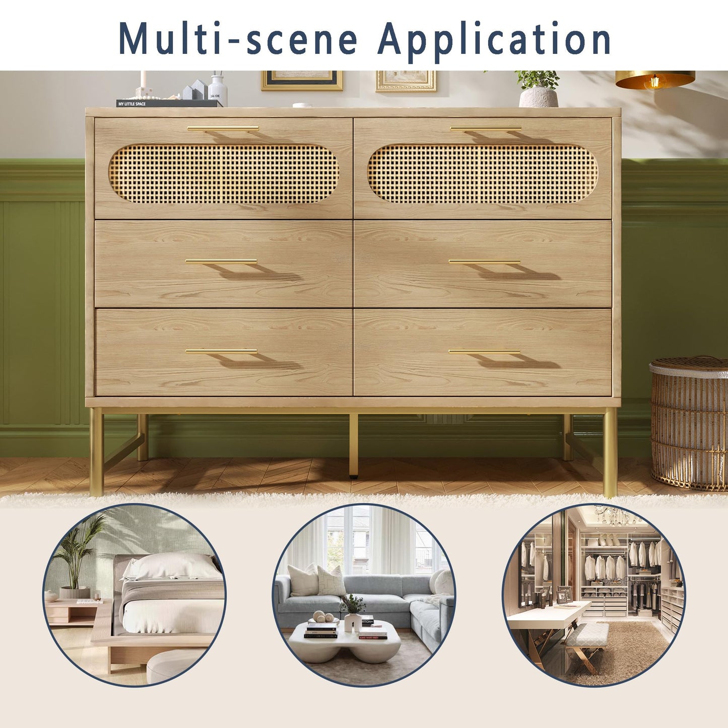Peiaw Buffet,Meuble de Rangement en Bois,Commode en rotin,étagères réglables,Meuble de Rangement avec 6 tiroirs, Armoires de Cuisine avec poignées et Pieds en métal,120 x 40 x 74 cm