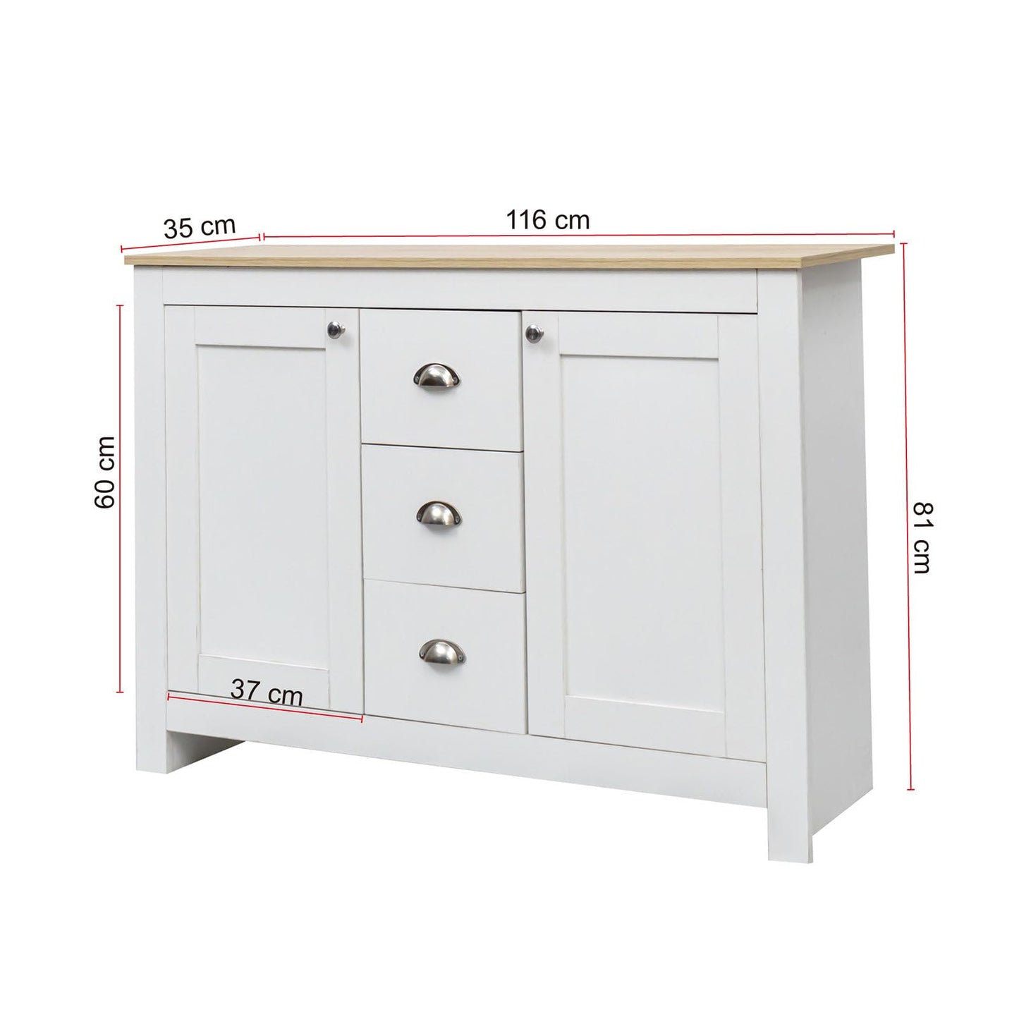 Kommode, Sideboard, Küchenschrank mit 2 Türen und 3 Schubladen, Mehrzweckschrank Hohe Tragfähigkeit, Schubladenschrank Soft Close Scharnieren, Verstellbare Regalhöhe, 116 x 81 x 35 cm(B/H/T), Weiß
