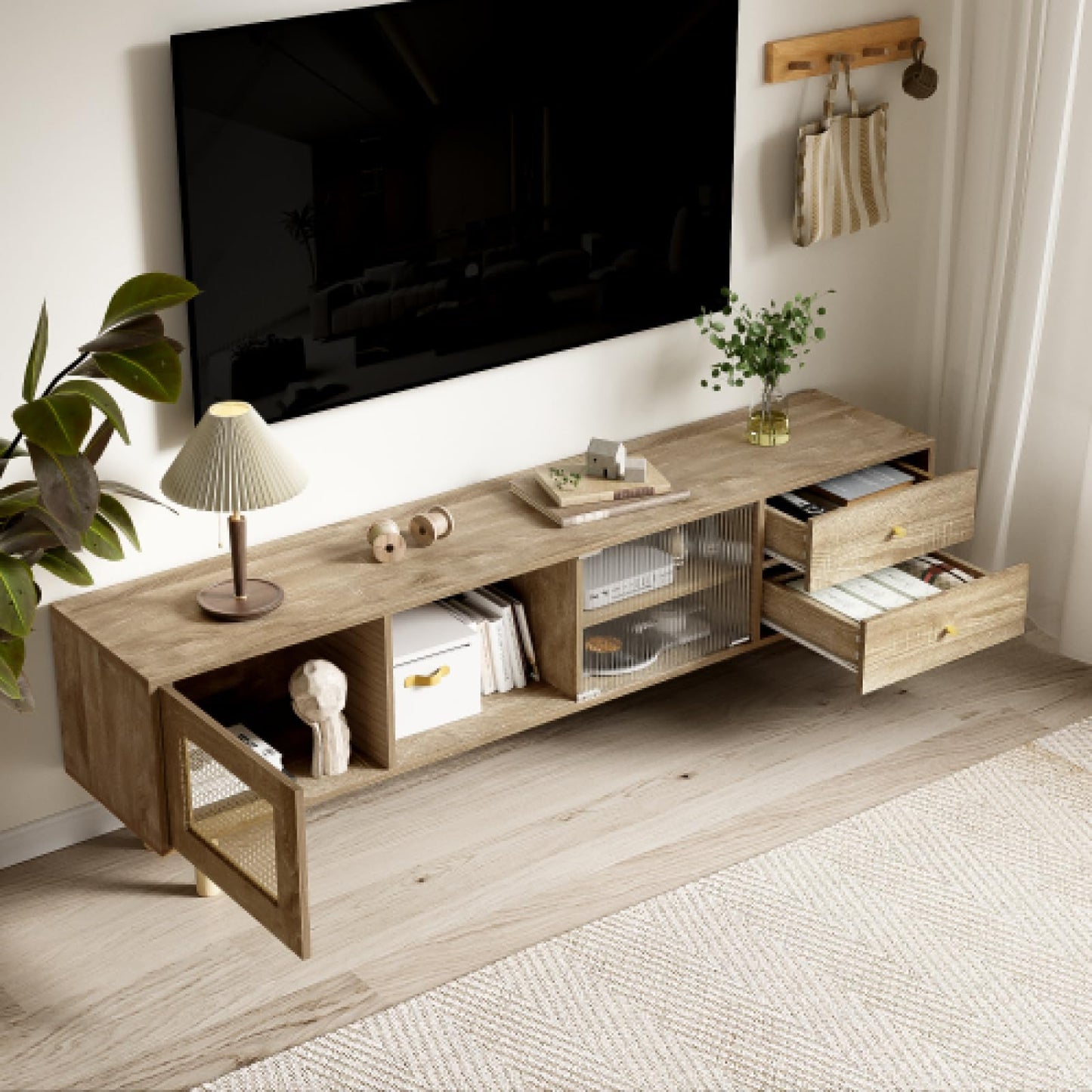 Meuble TV,Meuble TV avec Porte en rotin,Meuble TV en Bois avec Porte coulissante en Verre,Table TV, Banc TV avec Deux tiroirs,Meuble TV avec cloisons Ouvertes,Meuble TV Salon Dimensions 172x35x48cm