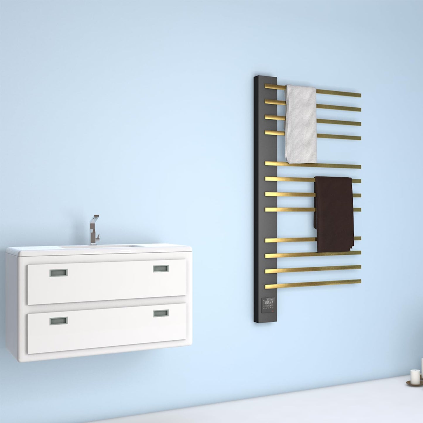 Sèche-Serviette Électrique, 140W Chauffe-Serviettes Mural 1120x600mm, Porte-Serviettes Chauffant Électrique avec Minuterie Thermostat Écran LED, Radiateur Salle de Bain, Noir et Or