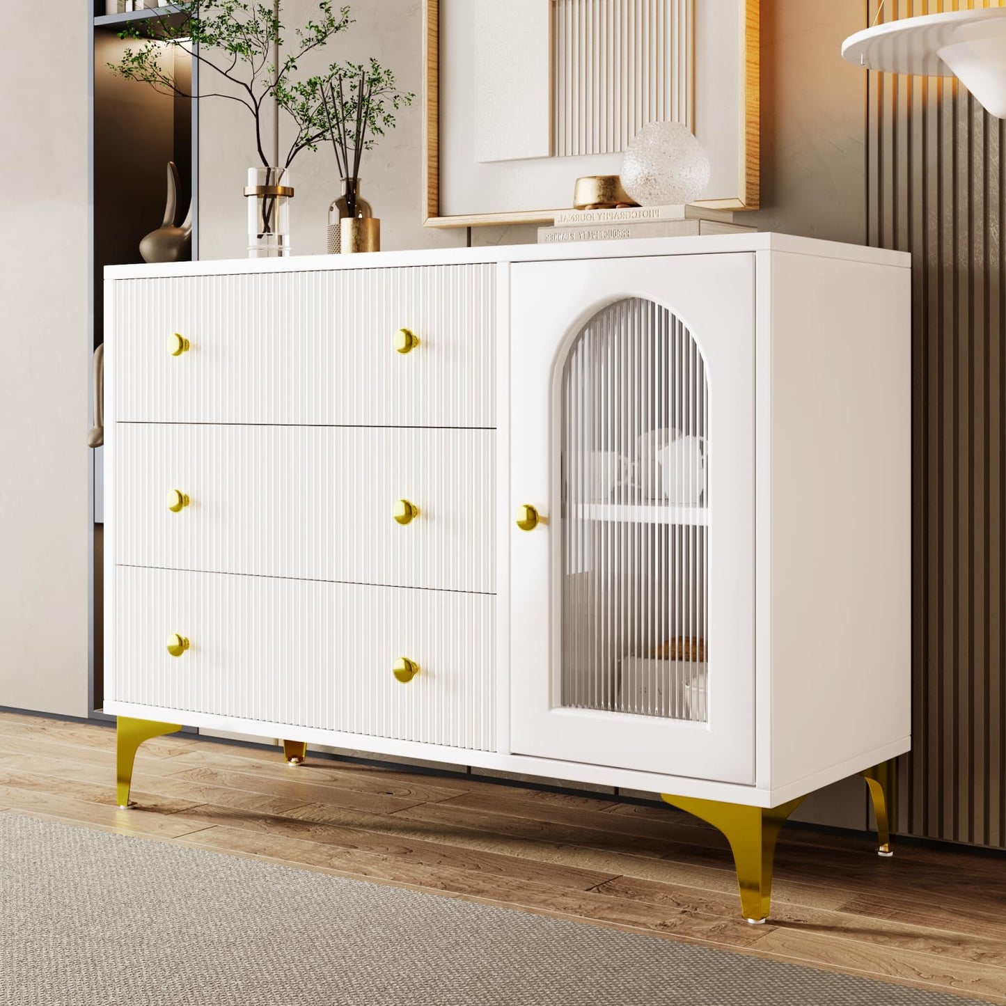 Buffet,Meuble de Cuisine Rangement, Blanc Commode, 105.5 x 40 x 78 cm,Buffet Salon avec 1 Portes Vitrées 3 Tiroirs,Convient aux Chambres, Bureaux, salles de Classe et balcons