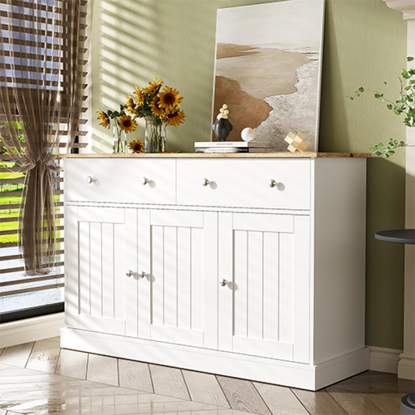 Buffet,buffet bahut salon blanc,Buffet avec 3 portes et 2 tiroirs, buffet avec poignées argentées et charnières amorties, meuble de rangement 120 x 36 x 80.5 cm,Convient couloir du balcon chambre