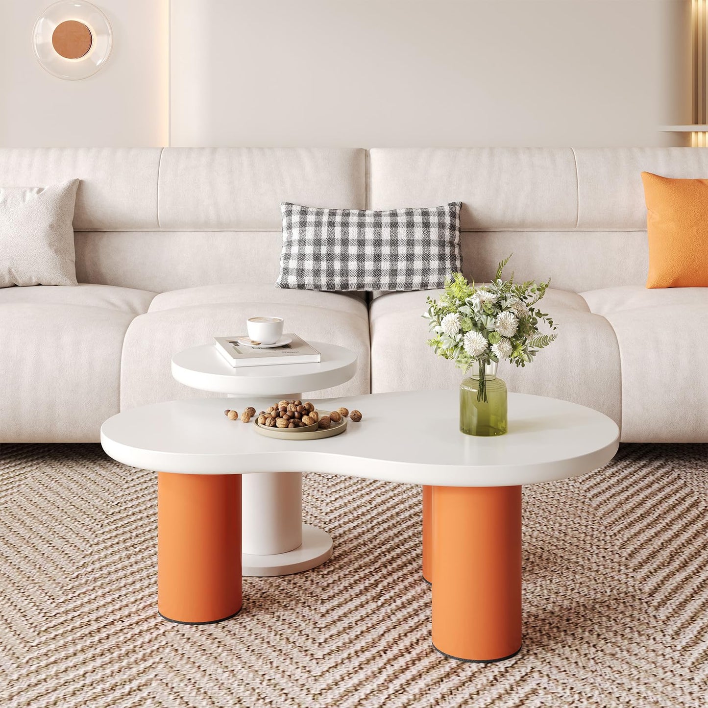 Peiaw Table Basse,Table Basse Minimaliste Moderne,Ensemble de Table Basse en Forme de Nuage,Table Basse Blanche et Orange,Colonne de Support cylindrique,Table Basse 39,8x39,8x42,2 + 99,5x58x35,5 cm
