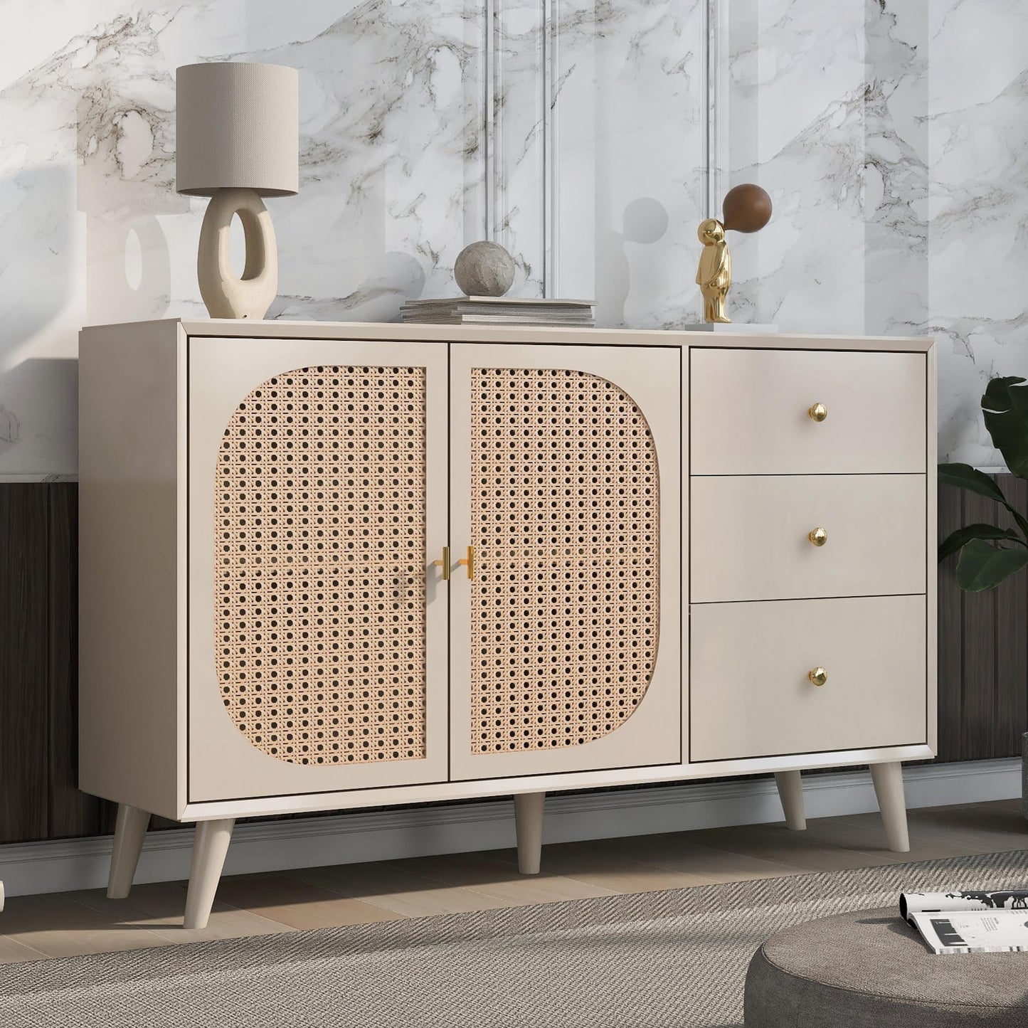 Buffet Salon Élégant Commode avec 2 Portes et 3 Tiroirs, Meuble Buffet, Grand Espace de Rangement, Bahut Blanc Cassé, Meuble de Rangement Idéal pour Chambre, Entrée, Salle à Manger, 120x40x82,5 cm