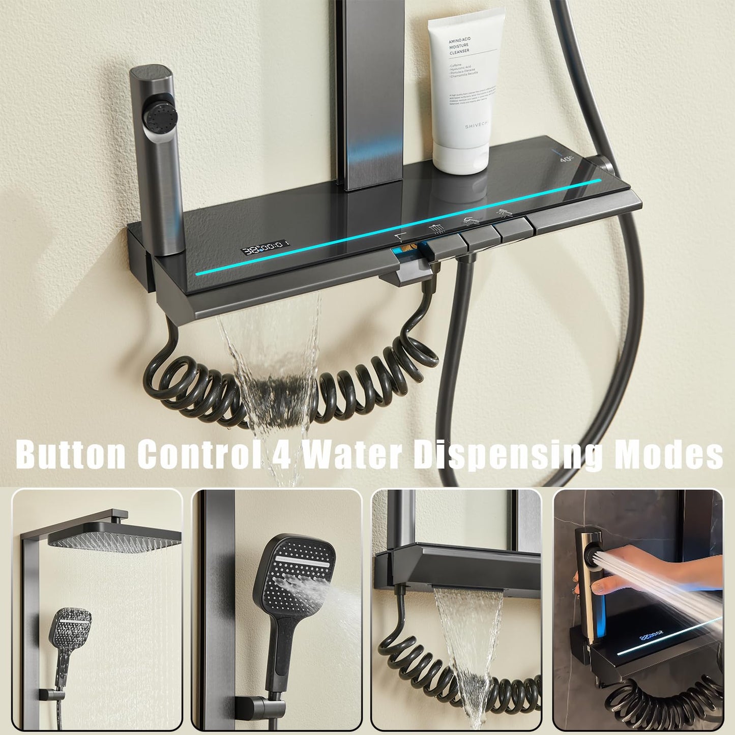 OihPaw Colonne de Douche Thermostatique Colonne Douche Salle de Bain Affichage Numérique Colonne de Douche avec Mitigeur,Gris Pistolet Ensemble de Douche avec Pommeau de douche,Douchette