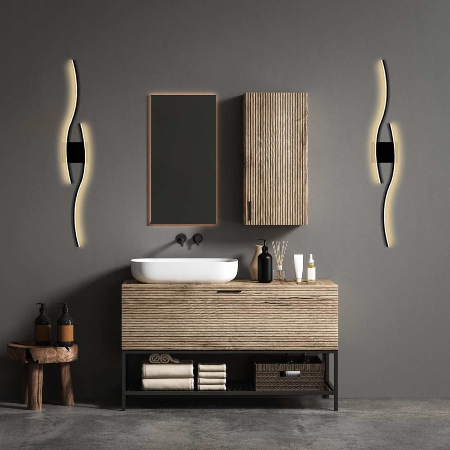 Applique Murale Interieur LED,18W Appliques Murales Interieur LED,3000K Blanc Chaud Lampe Murale Aluminium,60cm Moderne Noir Vague Design Lampe pour Salon Couloir Chambre Escalier Cuisine Hôtel