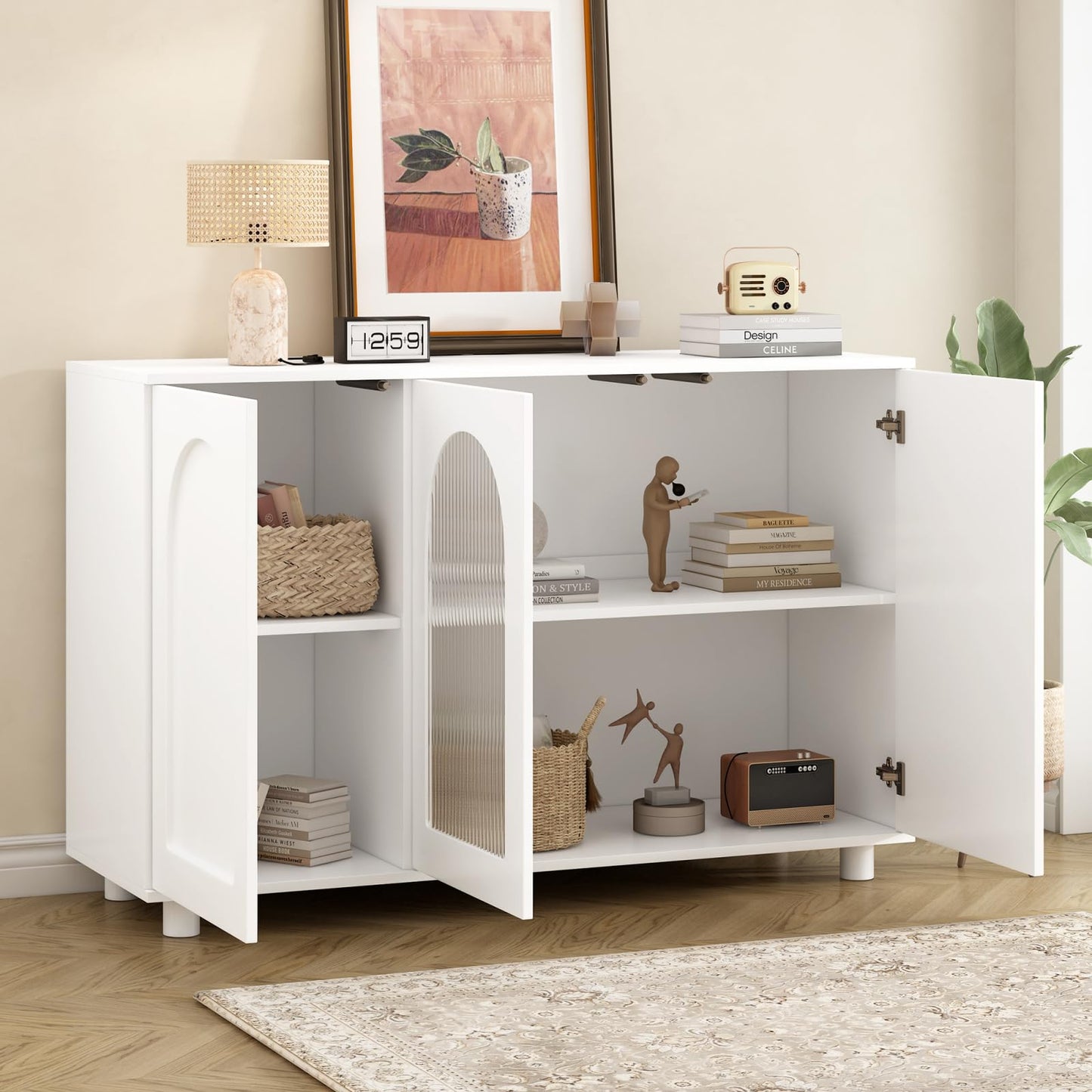 Buffet,Meuble de rangement,Armoire de Cuisine,Placard,avec 3 Portes,étagères réglables en hauteur,Buffet avec porte vitrée,Armoire de rangement avec pieds bois de caoutchouc peint,120 x 40 x 78.5 cm