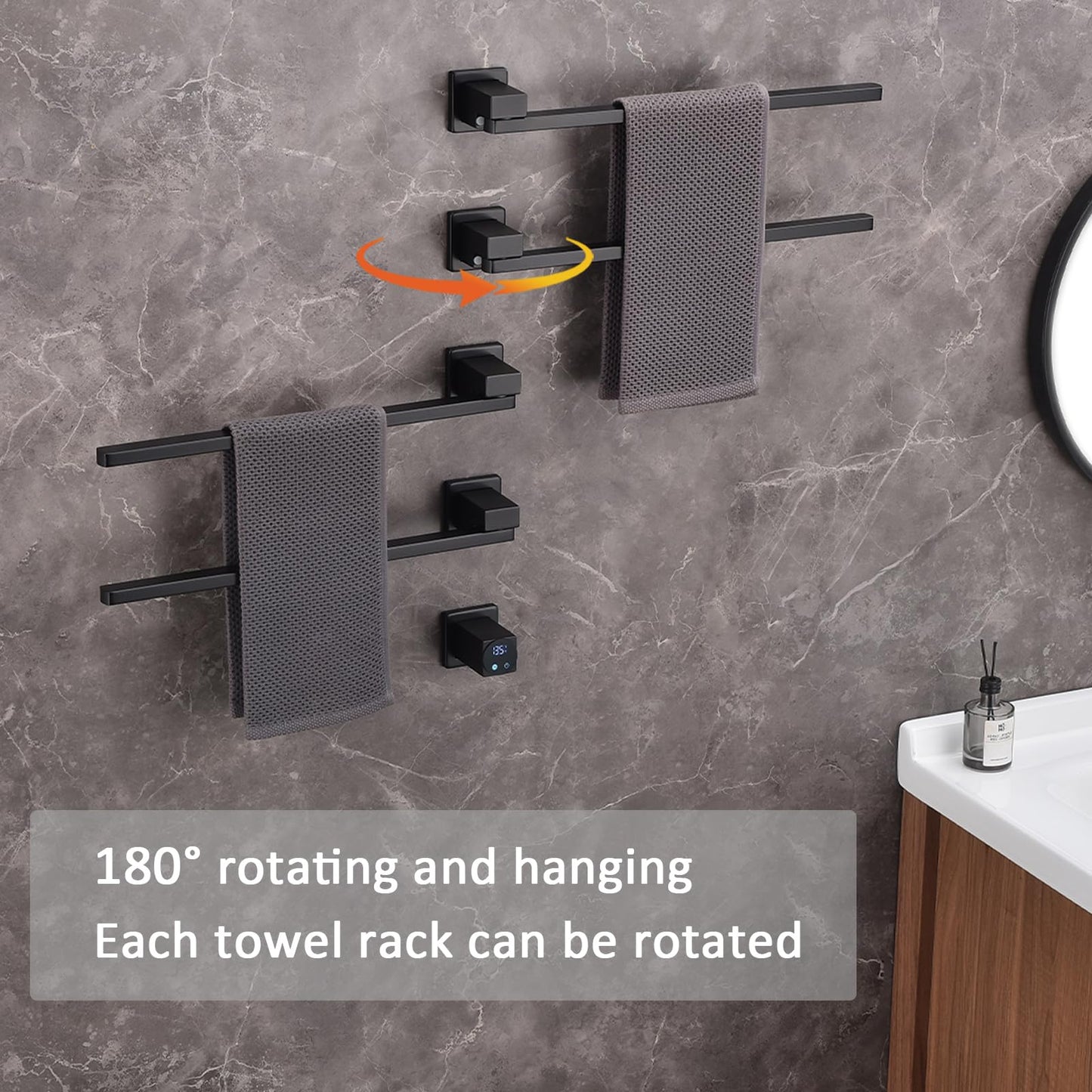 Sèche-Serviettes Électrique avec 4 Barres Porte-Serviettes électrique Noir à 180°, 75W 51 * 70cm Mural Chauffe-Serviettes Intelligent, écran LED, contrôle Tactile