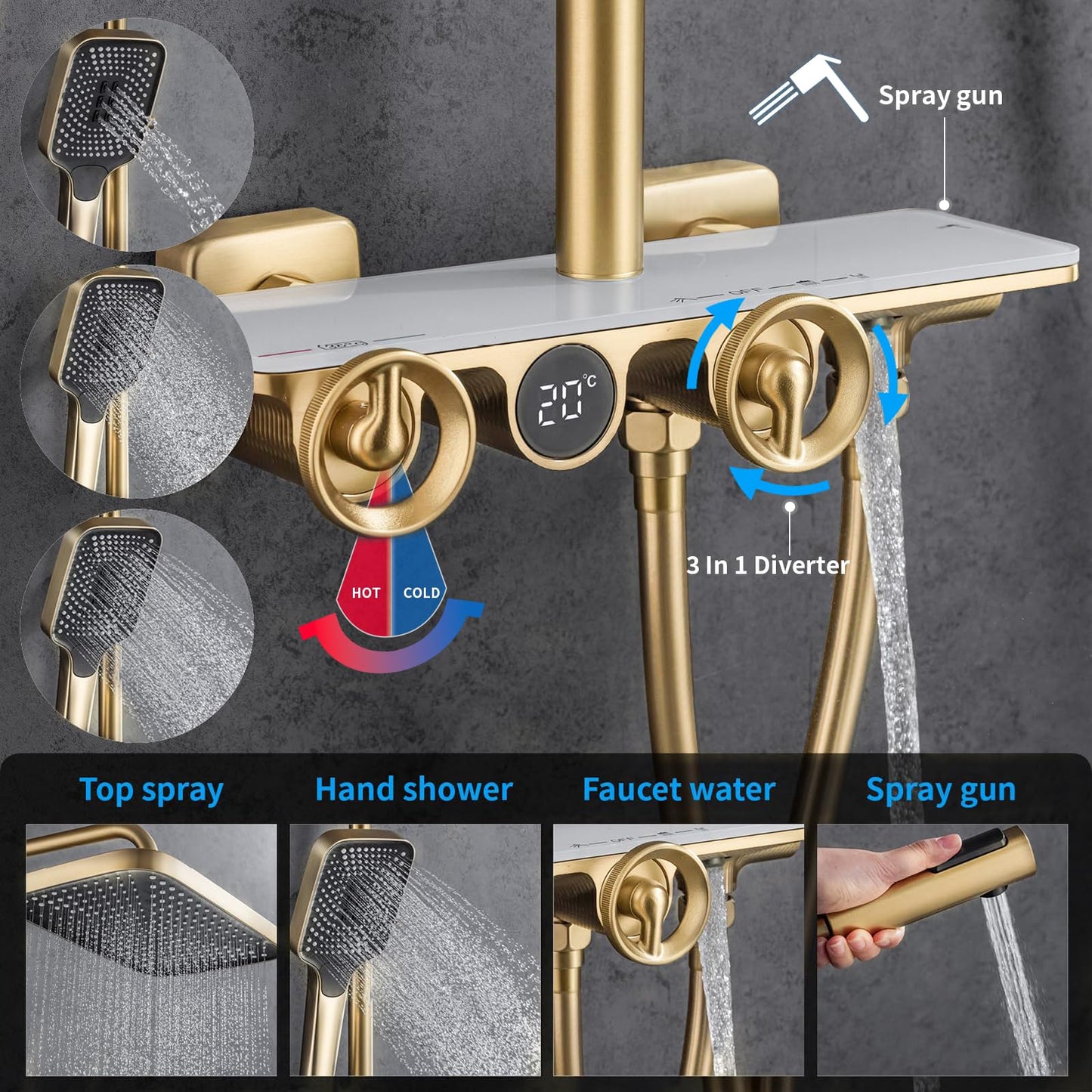 Colonne De Douche Thermostatique, Ensemble De Douche à Affichage NuméRique LED, Pomme De Douche 13 Pouces, Corps en Laiton, RéGlable en Hauteur, Pistolet Booster, avec Mitigeur Bain Encastré