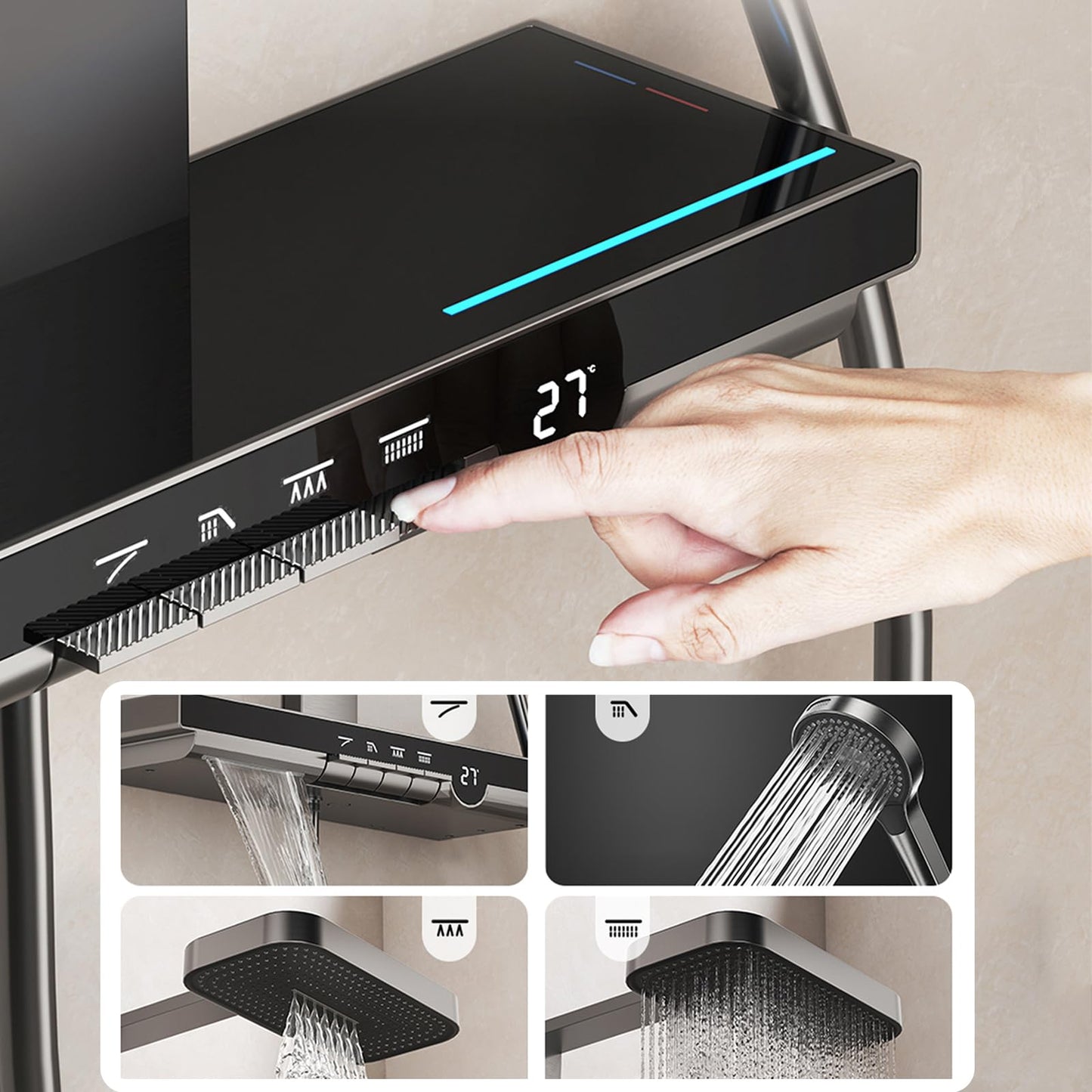 OihPaw Colonne de Douche Thermostatique,Systeme de Douche Gris Mural Hauteur Réglable Ensemble de Douche avec Affichage Numérique LED,Mitigeur Douche avec 2 Fonctions Tête de Douche,Douchette 4 Jets