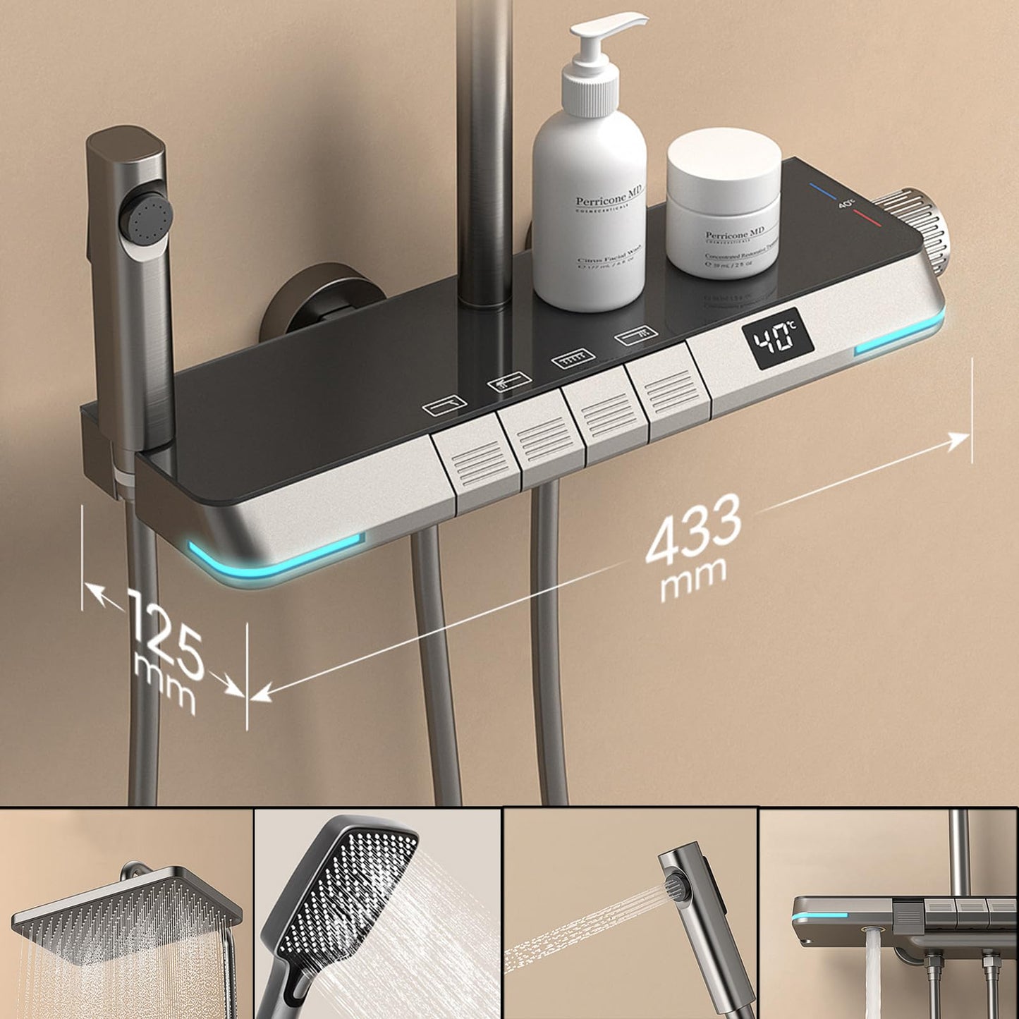 OihPaw Colonne de Douche Thermostatique Gris Affichage Numérique Ensemble Douche 4 Fonctions Kit de Douche Système de Douche avec 30 * 20cm Douche de Tête, Pommeau Douche, Mitigeur Douche