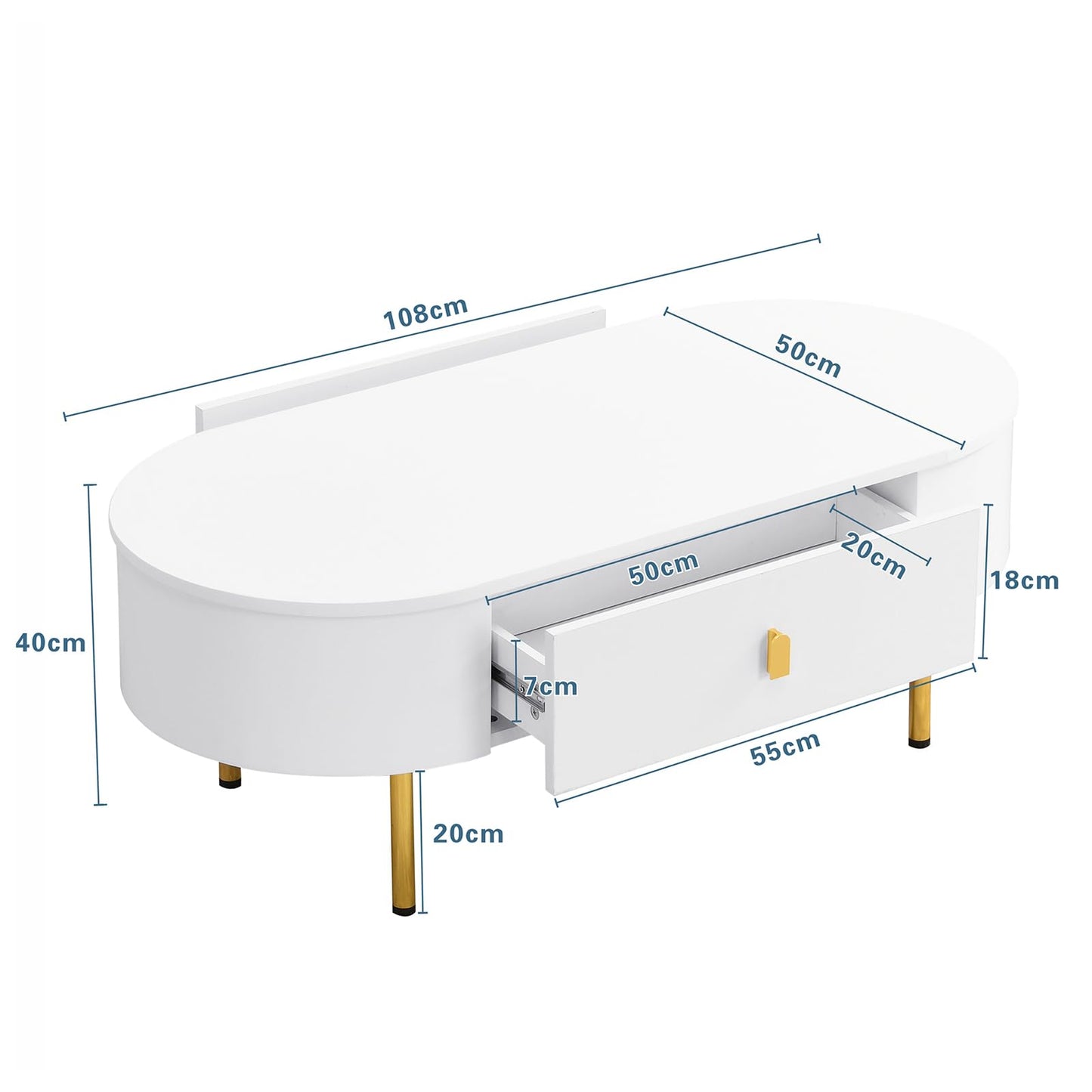 Peiaw Table Basse,Table de Salon,Table Basse Moderne,Table Basse avec tiroir,Table Basse de Salon Blanche,Poignées dorées et Coins incurvés,1 tiroir,Table Basse 108 x 50 x 40 cm