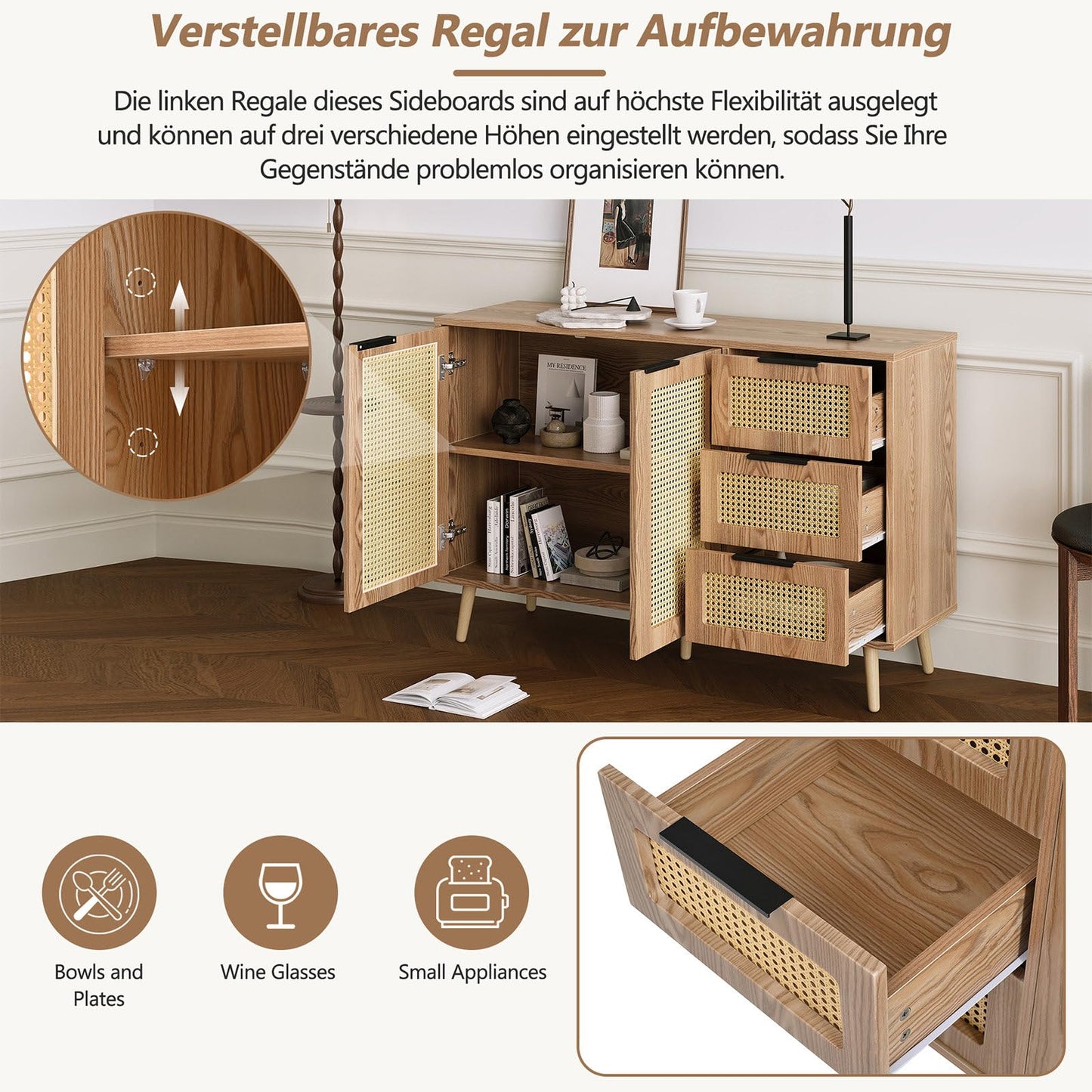 Meuble de Rangement, Buffet de Cuisine avec 2 Portes et 3 Tiroirs, Armoire de Salon Conception de Tissage en Rotin, Étagère Rangement Étagères Réglables, Poignée en Métal Peint, 120x38x78cm