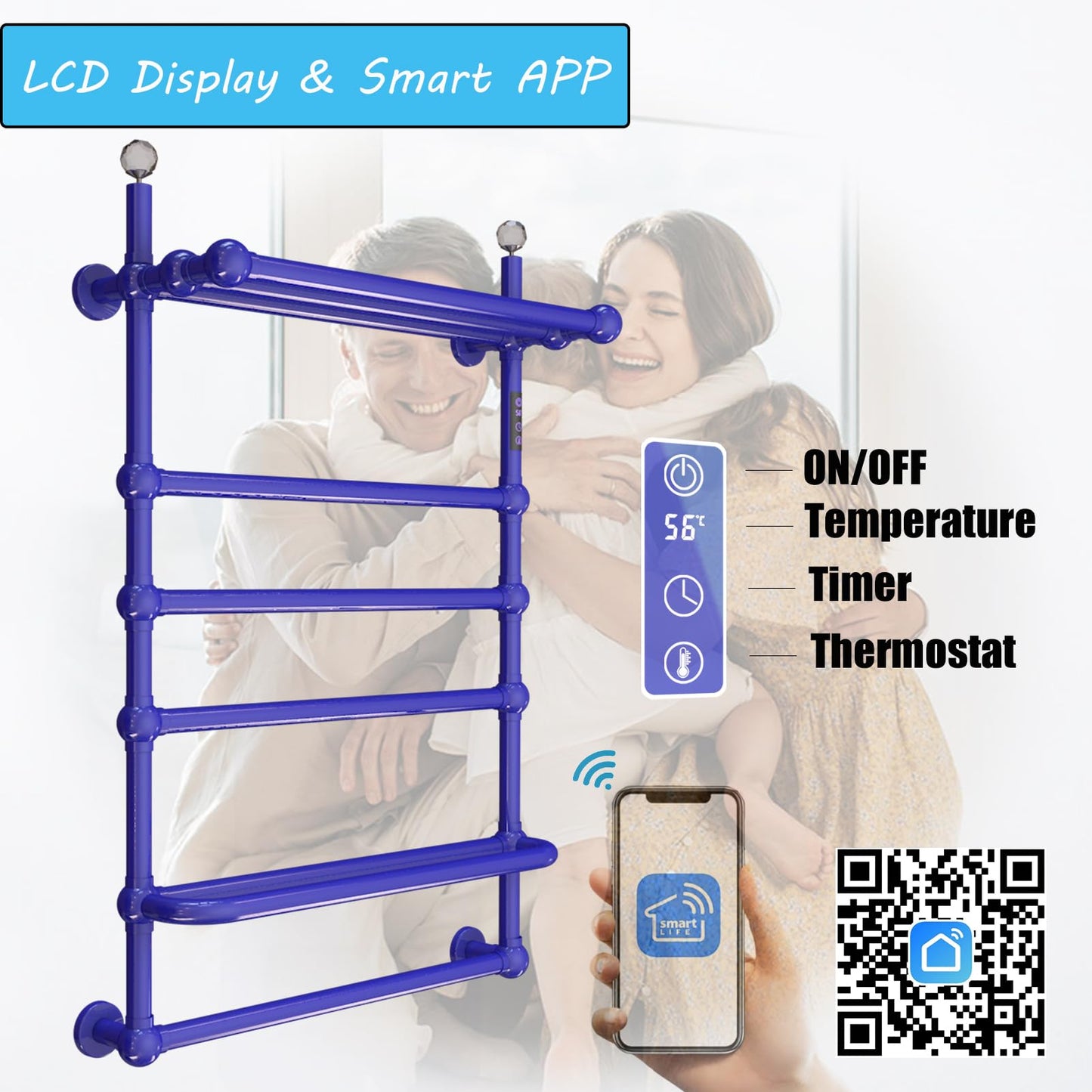 Sèche Serviettes Électrique Mural 80W, 850 * 600mm WiFi Chauffe-Serviettes Électrique, Intelligent Radiateur Porte-Serviettes Chauffant Électrique de Salle Bain avec Minuterie et Shelf, Blue