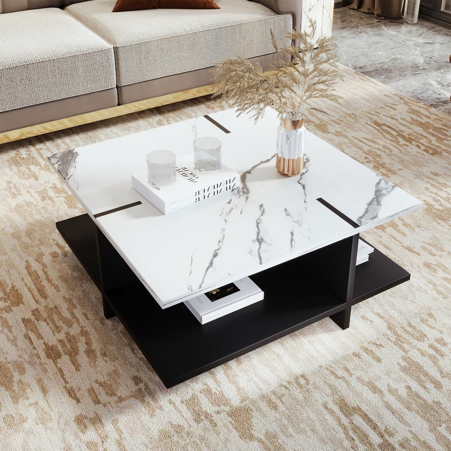 Peiaw Table Basse,Table Basse Blanche et Noire,Table Basse carrée,Table Basse Aspect marbre Blanc,Table Basse Moderne et Minimaliste,Quatre Compartiments de Rangement Ouverts,Table Basse 72x72x32cm