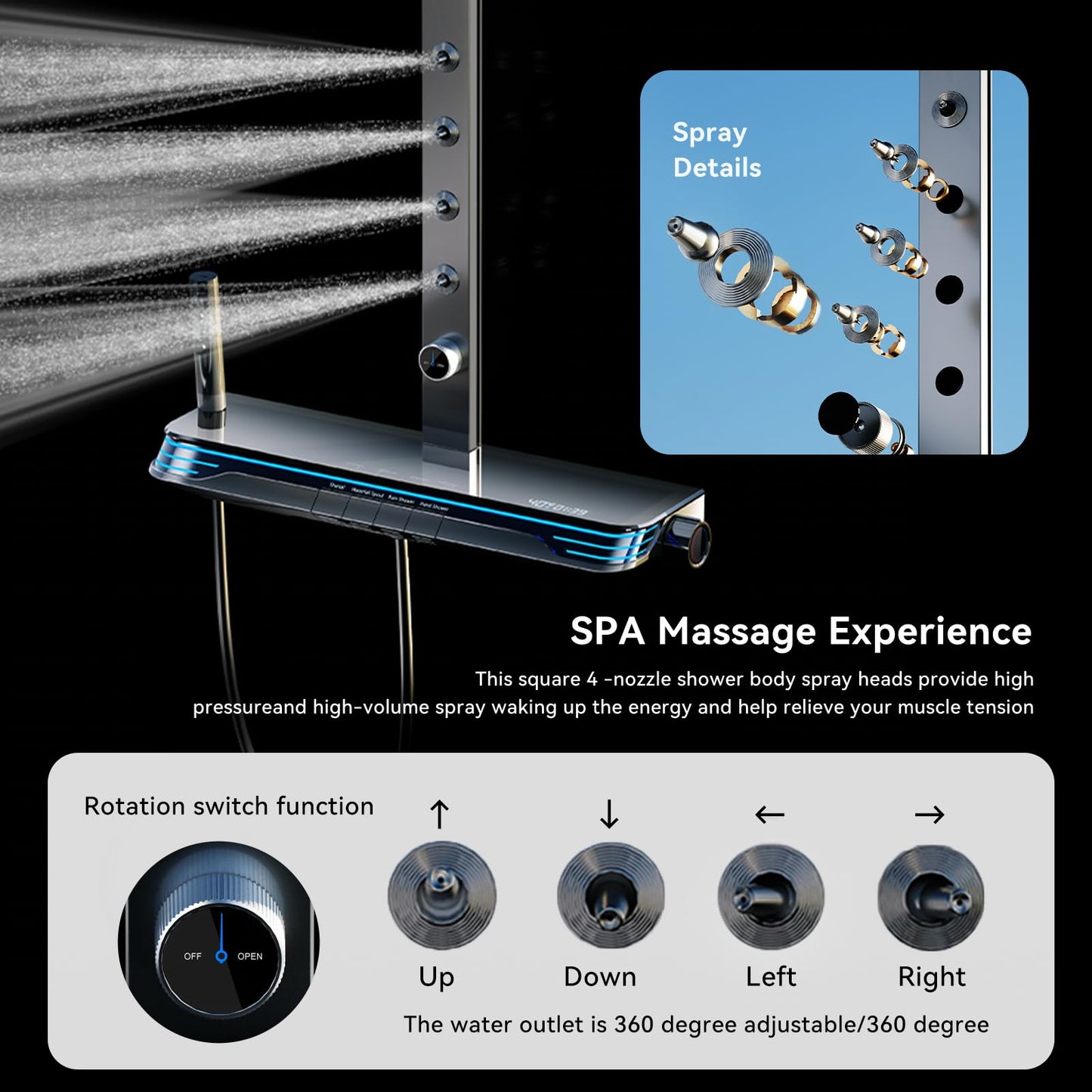 OihPaw Colonne De Douche Thermostatique, SystèMe De Douche Mural à LumièRe Ambiante à Affichage NuméRique LED à 5 Fonctions,Avec 33x 20cm Douche De TêTe,Douchette à Main