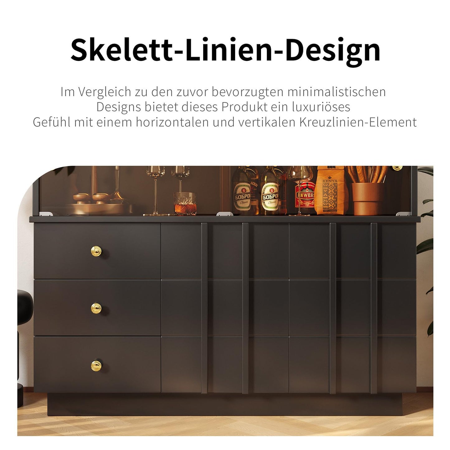 Sideboard Mit Glastür, Küchenschrank, Kommode, Modern Mehrzweckschrank für Wohnzimmer, Esszimmer Aufbewahrungsschrank 3 Schubladen, 2 Türen, Hohe Tragfähigkeit, 100 x 90.5 x 40 cm (B/H/T)