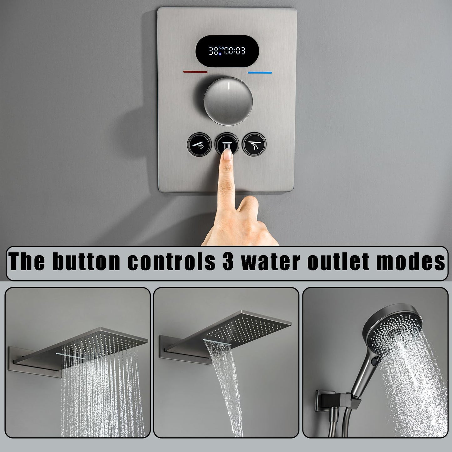 OihPaw Colonne de Douche Thermostatique Douche Encastrable Affichage Numérique Colonne de Douche Encastrable Gris Pistolet Ensemble de Douche avec 3 Fonctions Pommeau de Douche