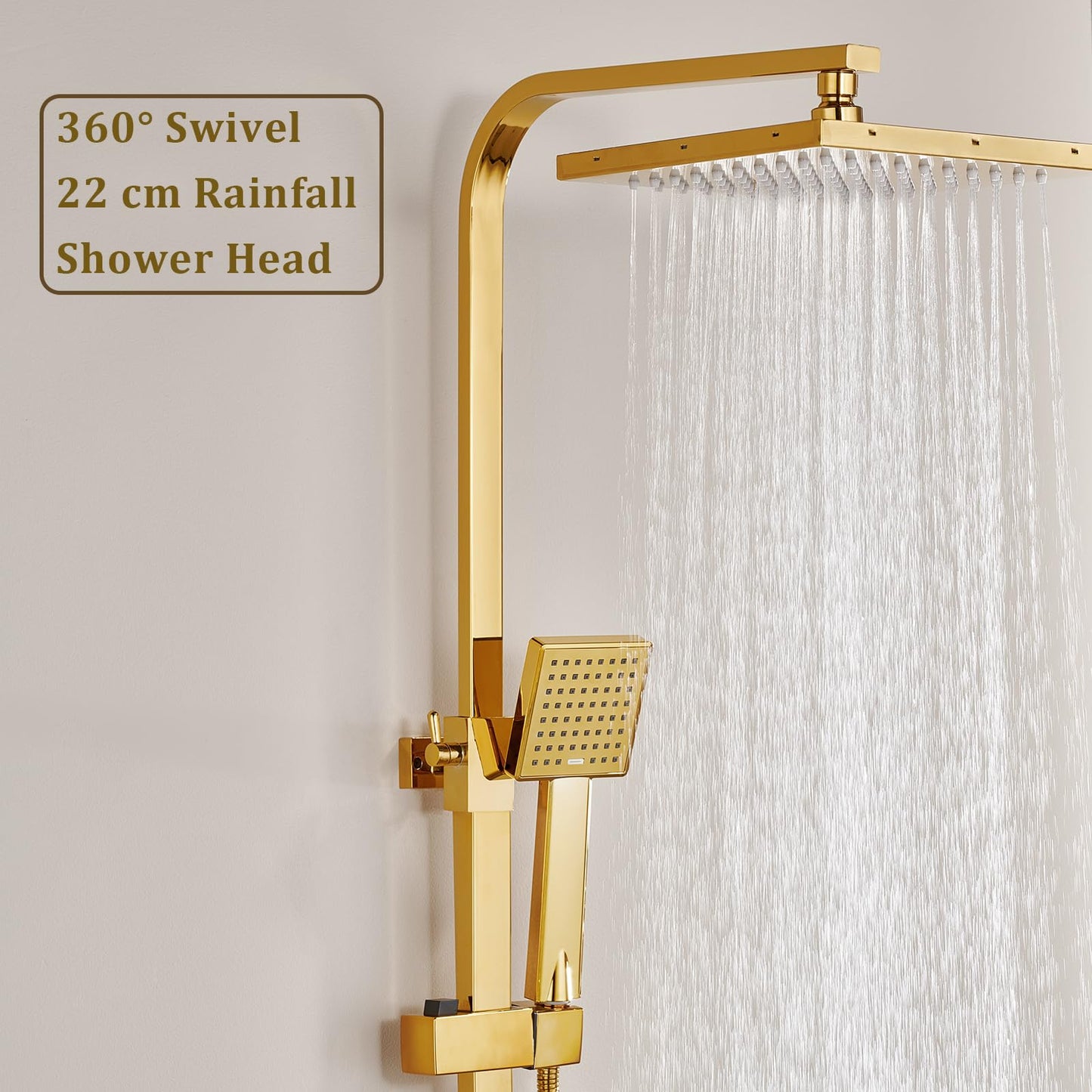 Colonne de Douche D'or Système de Douche Montage Mural Ensemble de Douche avec 22cm * 22cm Tête de Douche, Douchette à Mains, Robinet de Baignoire, Bidet Pulvérisateur