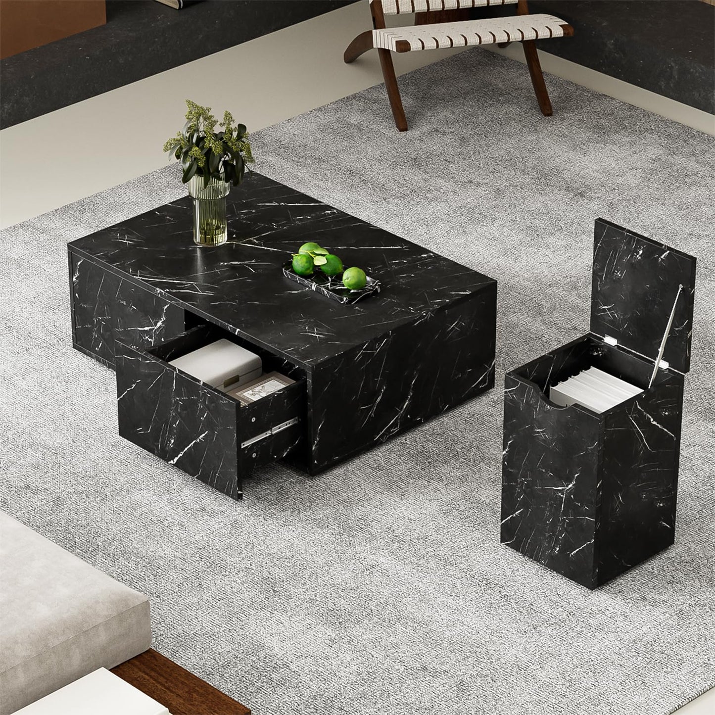 Table basse,Table d'appoint de canapé,Lot de 2 tables basses modernes noires,Table basse carrée avec tiroirs,Table basse motif marbre,Table basse modulable,Table basse 100x33,5x70cm et 32x32x50cm