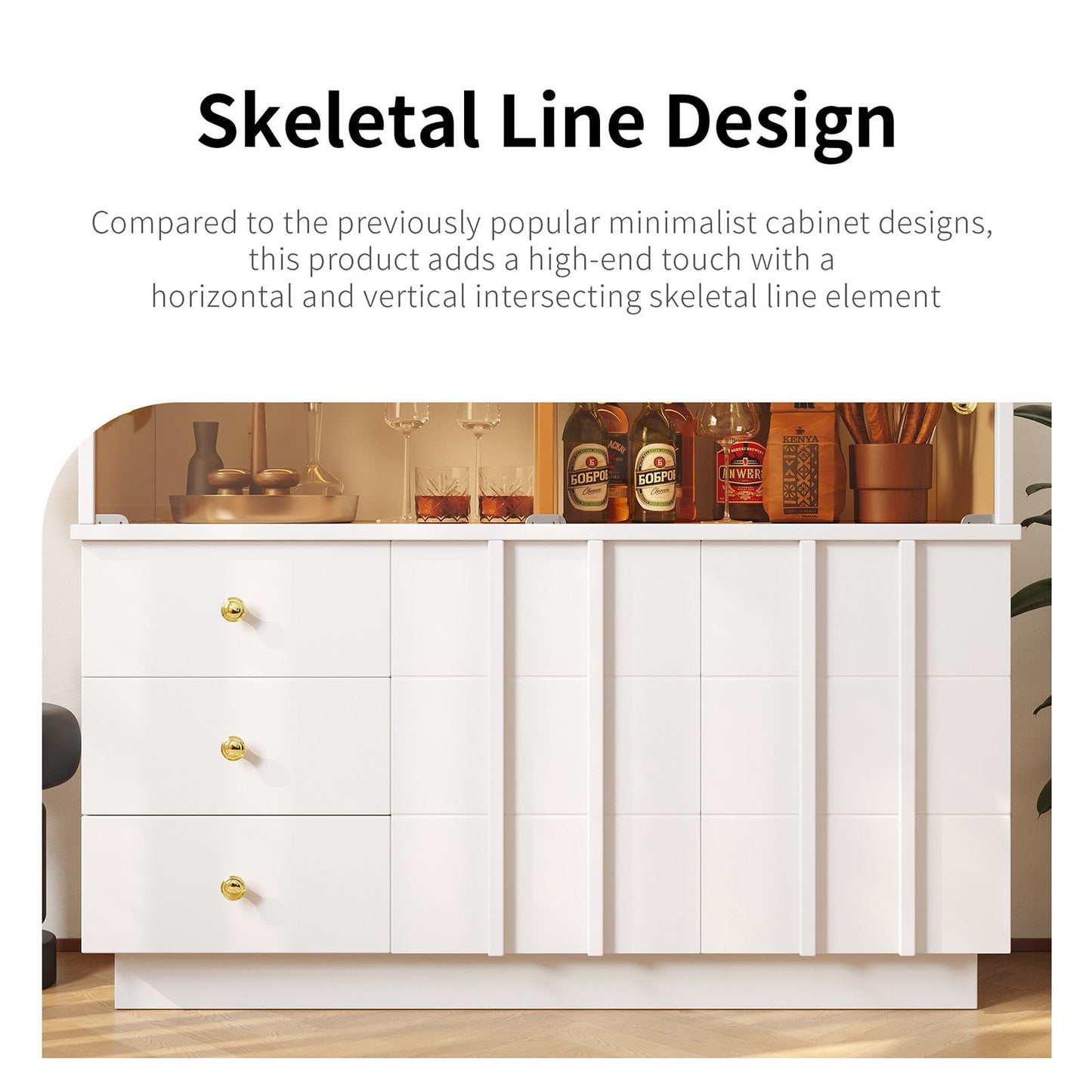 Sideboard Mit Glastür, Küchenschrank, Kommode, Modern Mehrzweckschrank für Wohnzimmer, Esszimmer Aufbewahrungsschrank 3 Schubladen, 2 Türen, Hohe Tragfähigkeit, 100 x 90.5 x 40 cm (B/H/T)