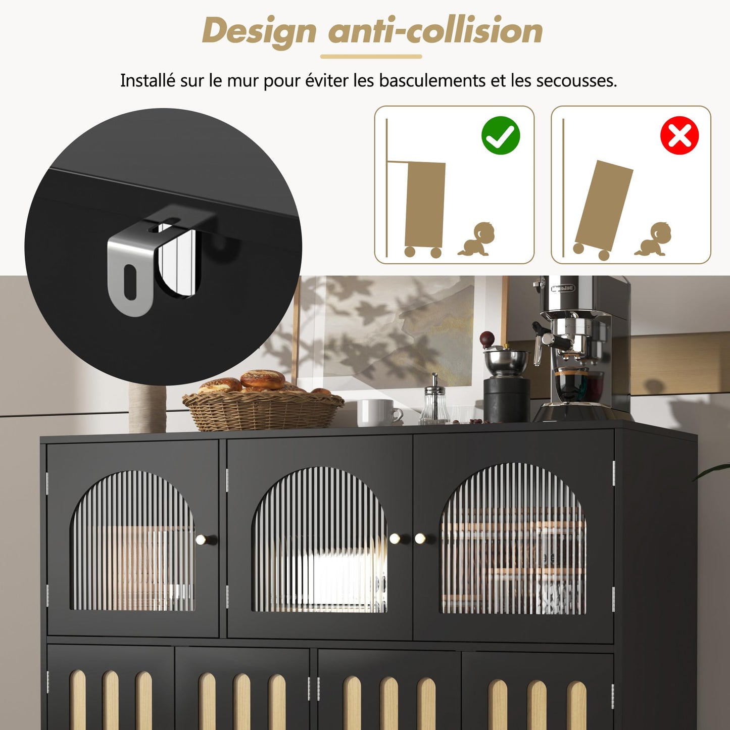 SHUGUANG 120 x 40 x 90 cm Buffet Cuisine, Armoire de Cuisine avec 3 Longues Portes Vitrées au Design Arc-en-Ciel et 4 Portes à Clés Piano, Buffet Moderne à Cuisine, Salon, Salle à Manger