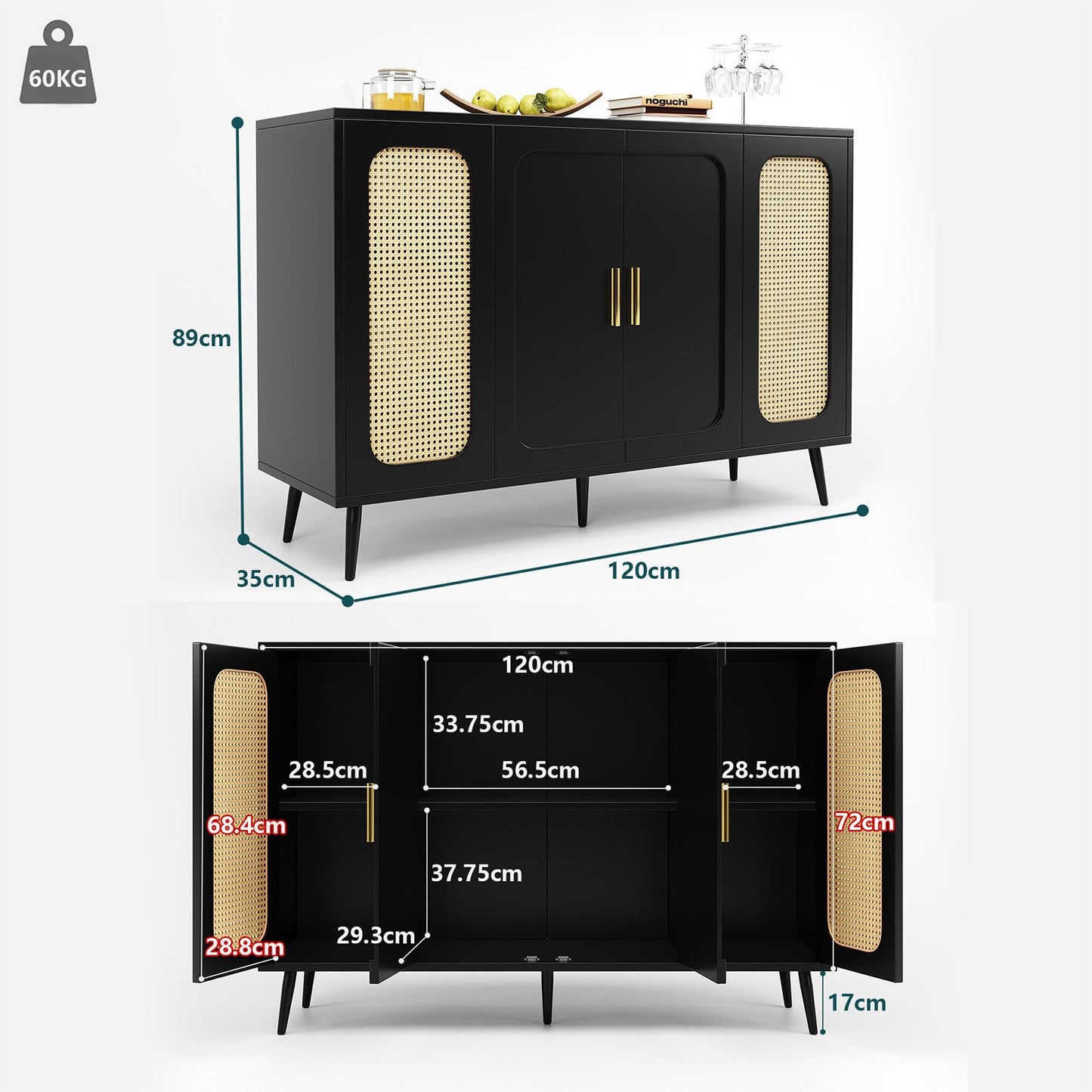 Buffet Cuisine, Meuble de Rangement, Commode 4 Portes, Armoire de Salon Porte D'armoire en Rotin, Bibliothèque Anti-Basculement, Étagères Réglables, Porte Blister, 120 x 89 x 35 cm (L/H/P), Noir