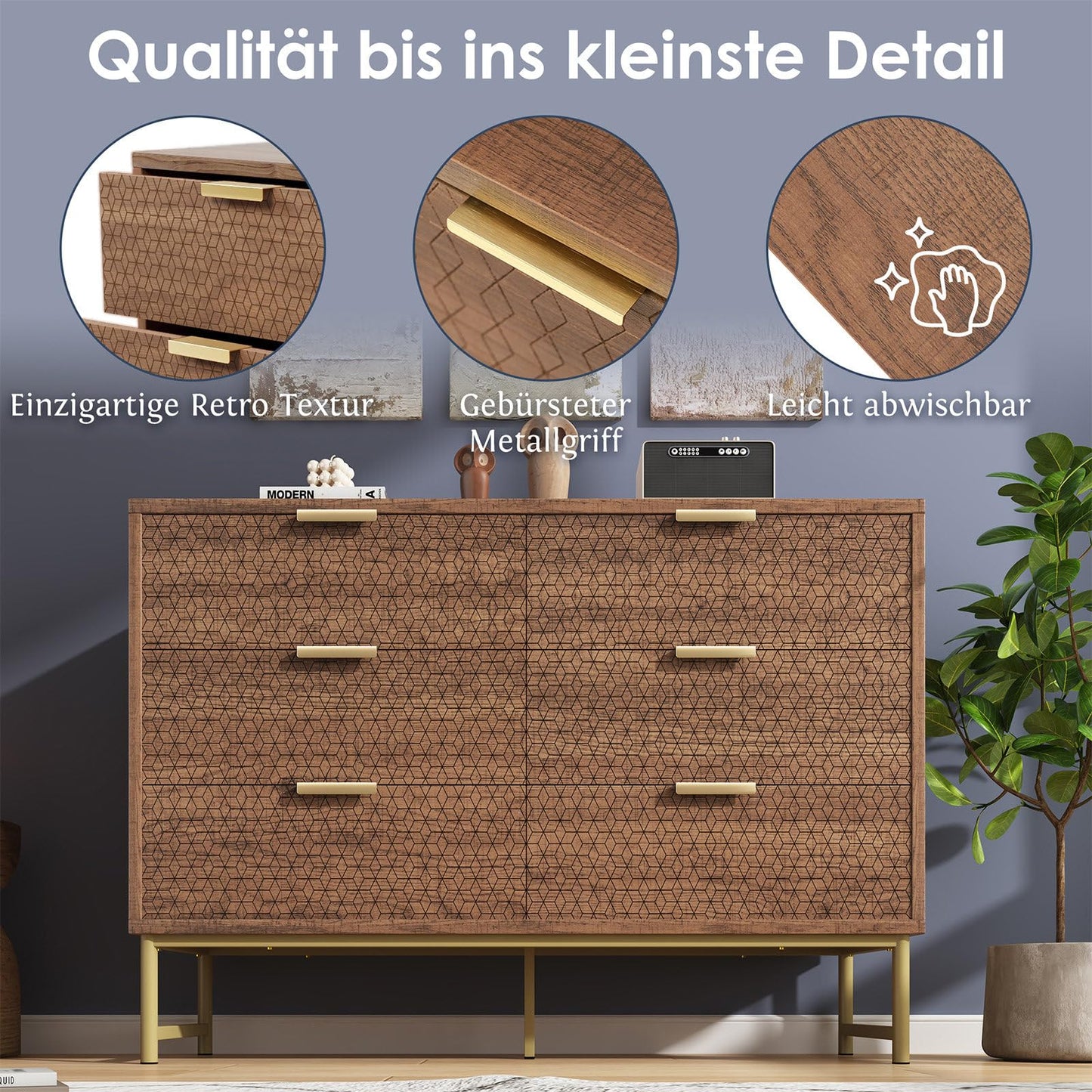 Kommode, Sideboard, Küchen Schrank, Mehrzweckschrank 6 Schubladen mit Griffen, Kippsicher, Höhenverstellbar, Geeignet für Wohnzimmer, Schlafzimmer, Esszimmer, 120 x 75 x 40 cm (B/H/T), Walnussfarbe