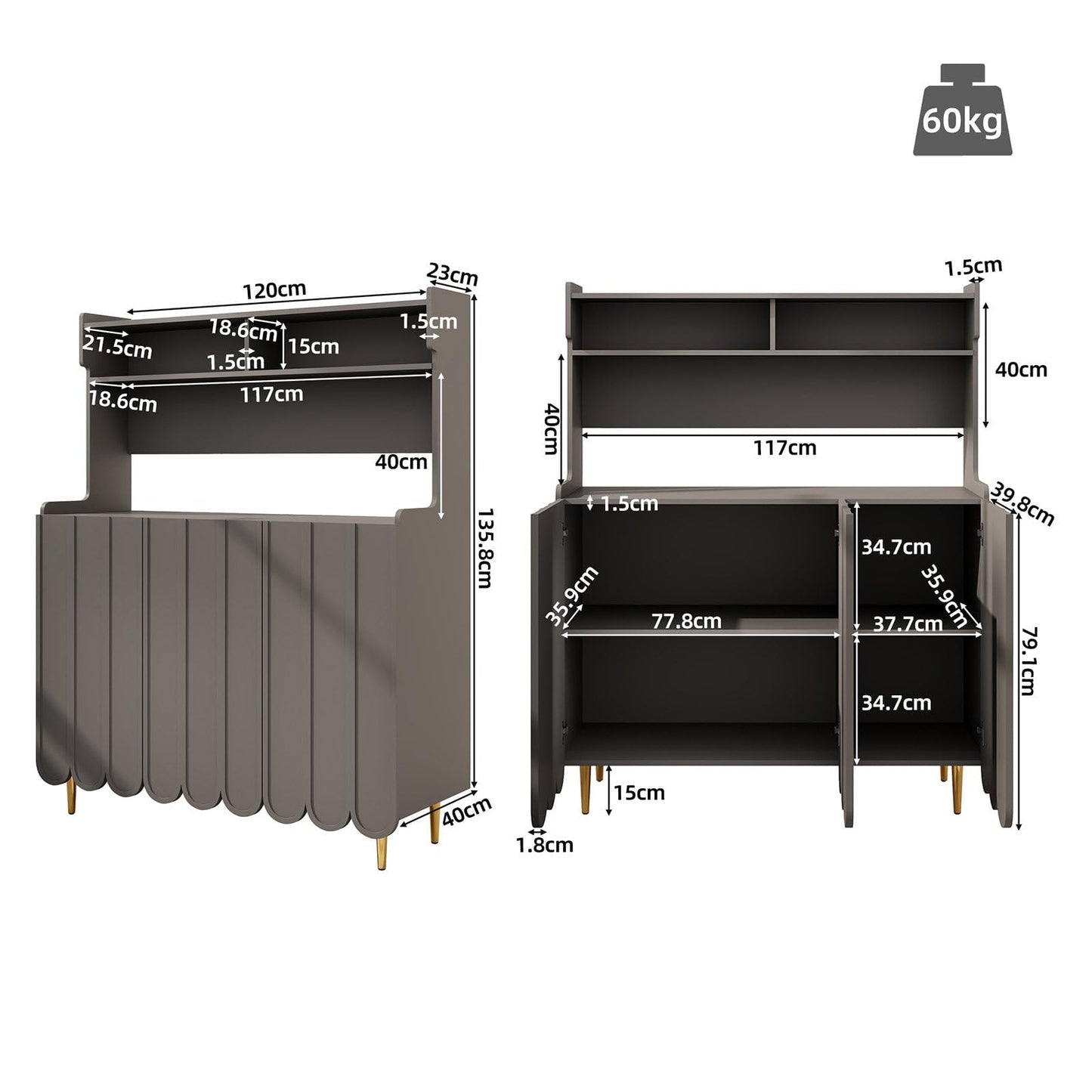 Buffet de Cuisine, Armoire de Cuisine 2 Placards Portes, Vaisselier Cuisine Anti-basculement, Meuble Cuisine Rangement Conception Ouverte, Grande Capacité, Style Simple, 120 x 40 x 151cm