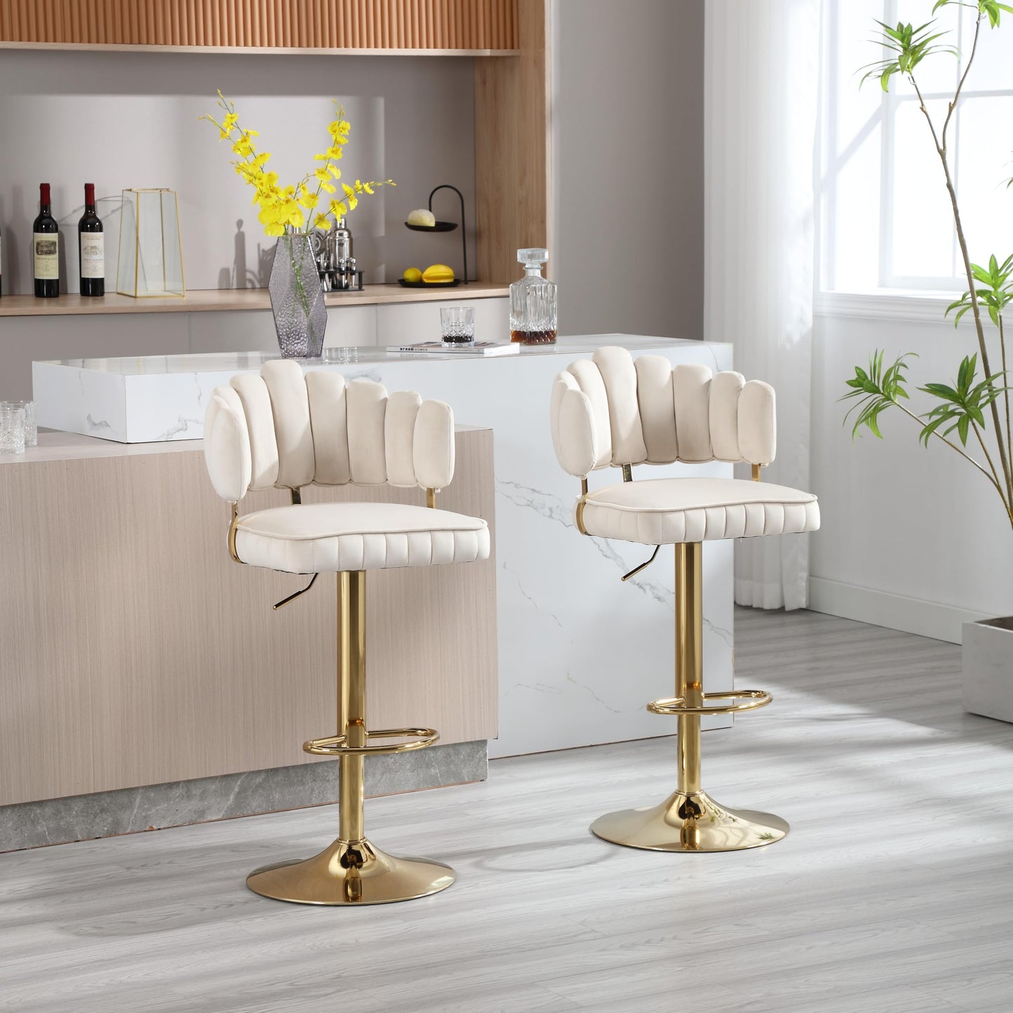 Tabouret Bar Lot de 2 Pivotants Velours Chaise de Bar à Hauteur Comptoir avec Dossier, Repose-pieds, Chaise Haute Bar Comptoir Réglables, Chaises D'îlot pour Salle à Manger, Noir/Gris/Ivoire/Émeraude