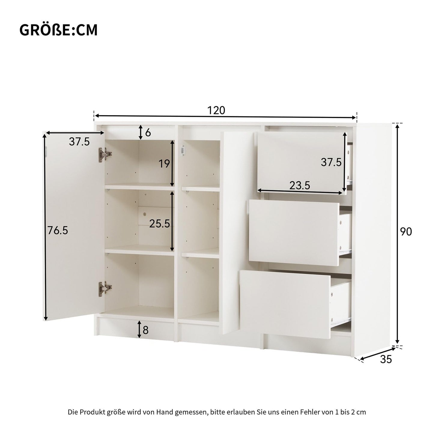 Meuble de Rangement, Buffet de Cuisine avec 2 Portes et 3 Tiroirs, Armoire de Salon Conception sans Poignée, Étagère Rangement Étagères Réglables, Charnière Amortissante, 120 x 35 x 90 cm