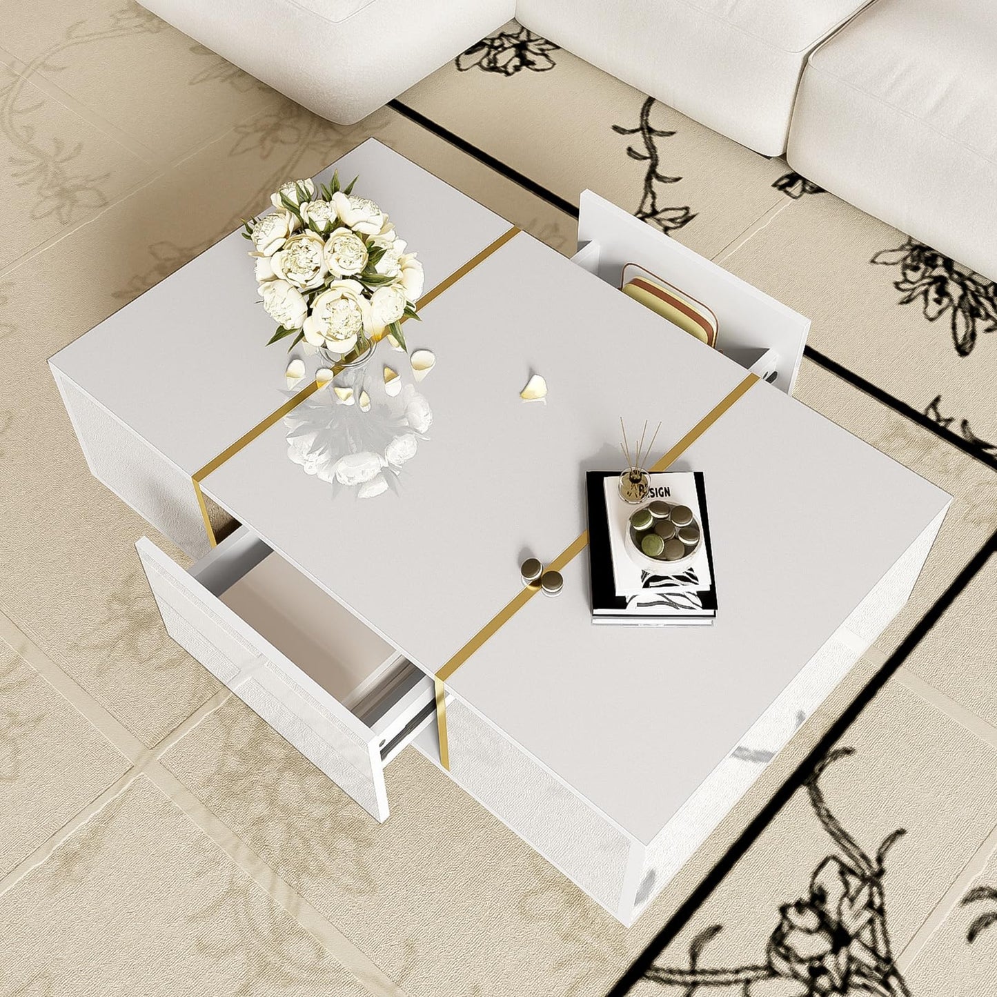 Peiaw Table Basse,Table Basse Salon,Blanc Table Basse Brillante,Table Basse carrée Moderne,Table Basse avec Deux tiroirs,Pieds de Table dorés,Garde au Sol 19,5 cm,Table Basse 100 x 60 x 41,5cm