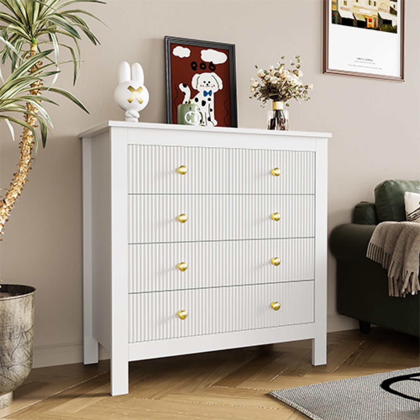Peiaw Commode,Blanc bahut de Salle a Manger,Commode Verticale à 5 tiroirs,Commode avec poignées dorées, casier, Meuble à Chaussures 79 x 39.5 x 80.5 cm, adapté pour Balcon, Chambre et Bureau