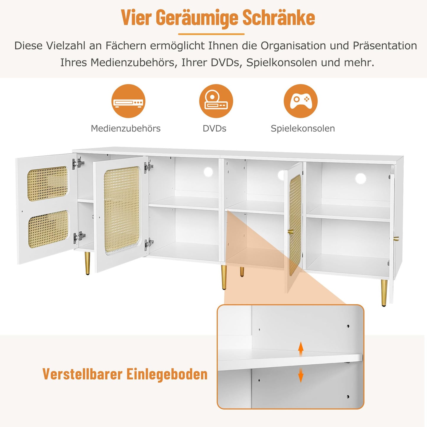 Meuble TV Blanc Banc TV en Rotin avec 4 Portes en Rotin,pour Téléviseurs Jusqu'à 80 pouces,180x40x72cm, Meubles TV élégants pour Salon Chambre,étagères réglables en Hauteur, Grand Espace de Rangement