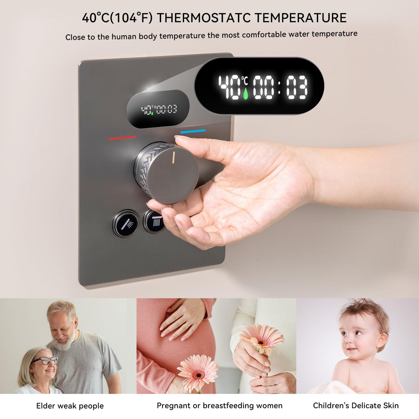 OihPaw Ensemble de Douche Encastré Colonne Douche Thermostatique Gris Système de Douche avec Affichage Numérique LED, 32CM Cascade et Pluie Tête de Douche Rond