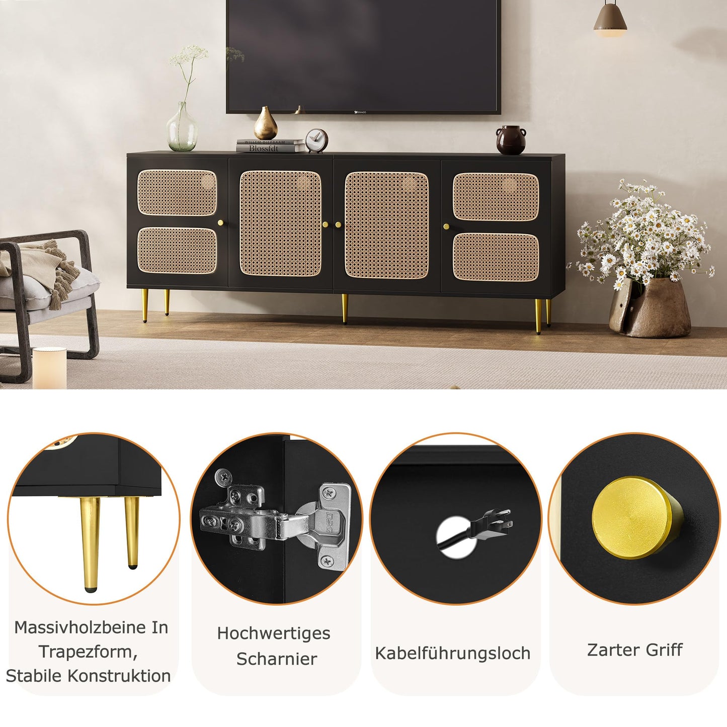 Meuble TV Blanc Banc TV en Rotin avec 4 Portes en Rotin,pour Téléviseurs Jusqu'à 80 pouces,180x40x72cm, Meubles TV élégants pour Salon Chambre,étagères réglables en Hauteur, Grand Espace de Rangement
