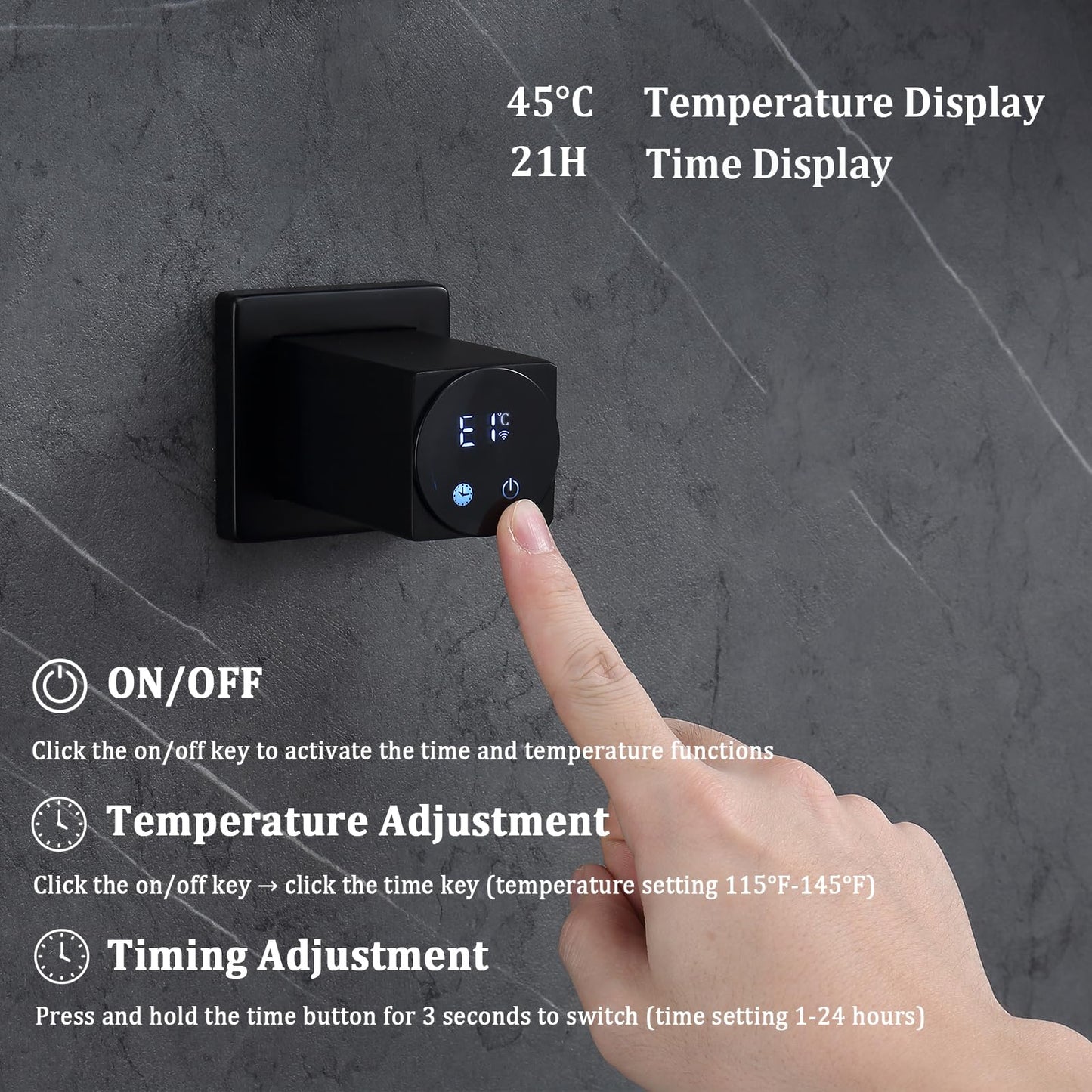 Schwarzer elektrischer Handtuchhalter, intelligenter WiFi-elektrischer Handtuchtrockner mit Timer, 45–60 °C, 5 Stangen, 180° drehbarer Handtuchwärmer, Heizkörper, Edelstahl, verkabelt, Wandmontage