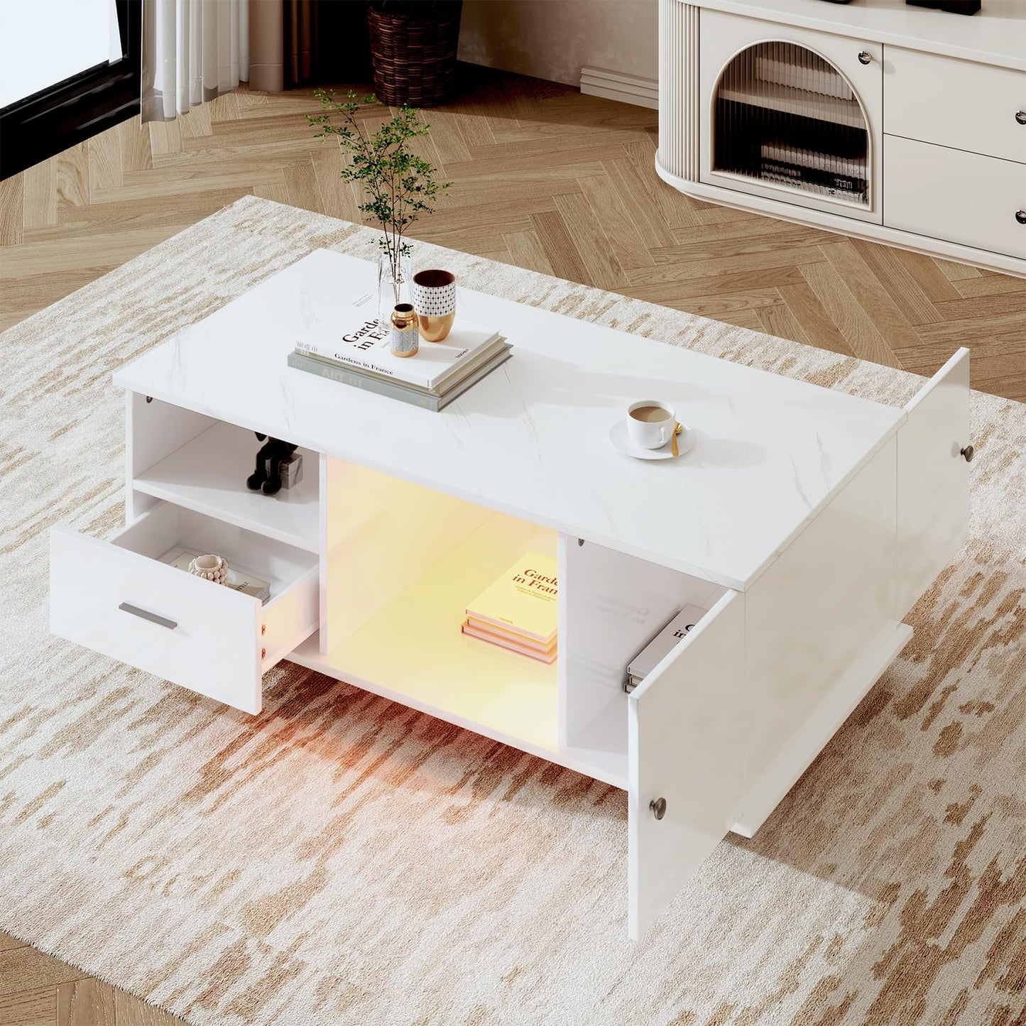 Peiaw Table Basse,Table Basse Salon,Table Basse Blanche,Table Basse LED Moderne,Table Basse avec Plateau en marbre,Table Basse avec Deux tiroirs et Portes,Table Basse 110 x 38,8 x 55 cm